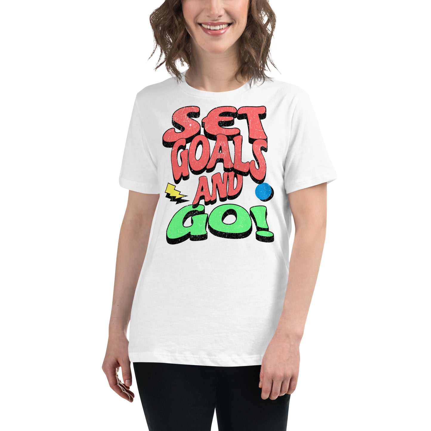 "Set Goals and Go Bold" White Motivational Women’s T-Shirt Lifestyle