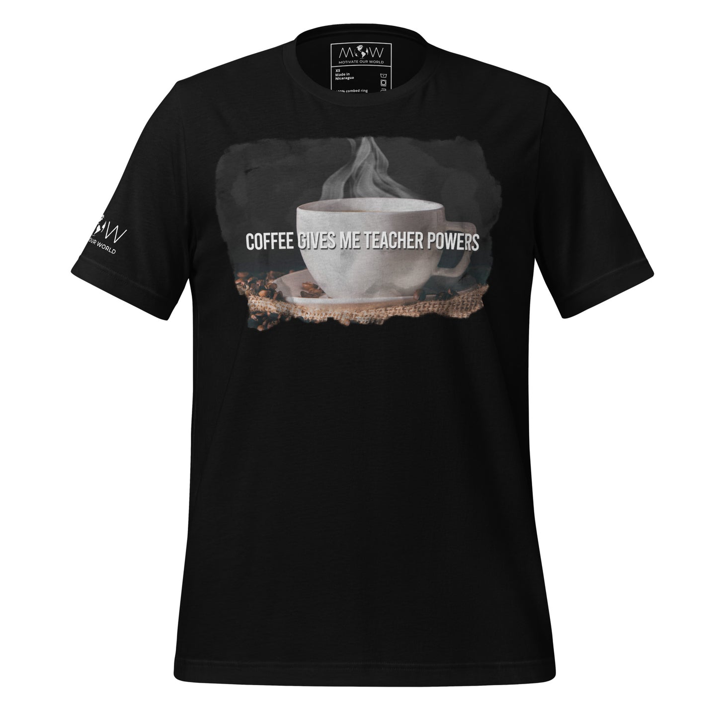 Steaming Cup Of Coffee Give Teacher Powers Men's Motivational Black T-Shirt