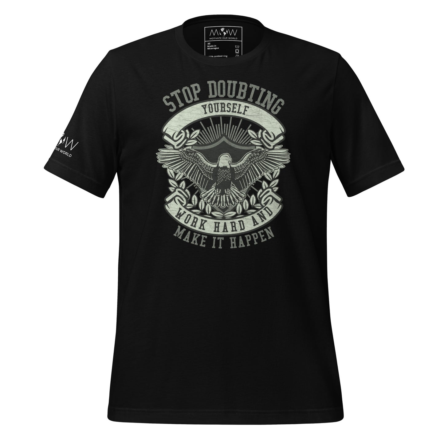 Stop Doubting Yourself, Work Hard, and Make It Happen Men's Motivational Black T-Shirt