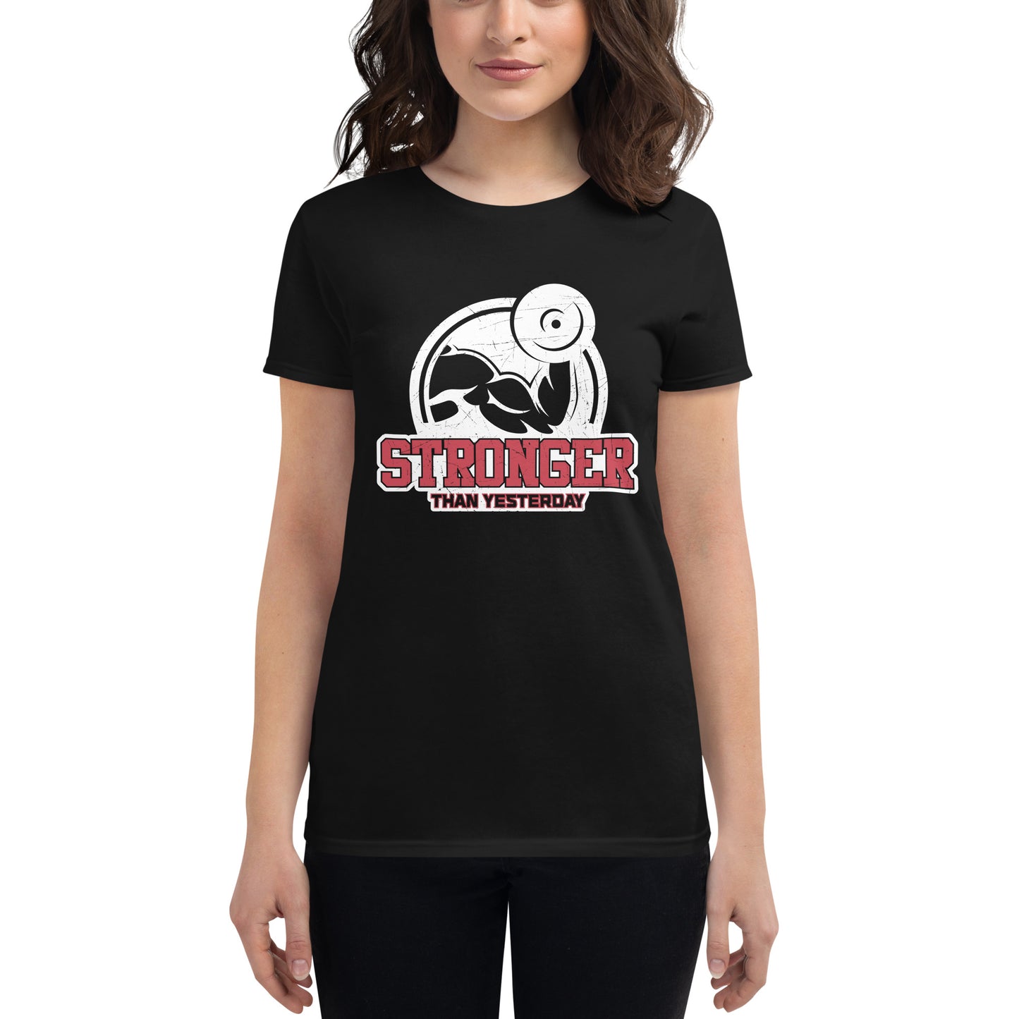 Stronger Than Yesterday Arm Women’s Motivational Black T-Shirt