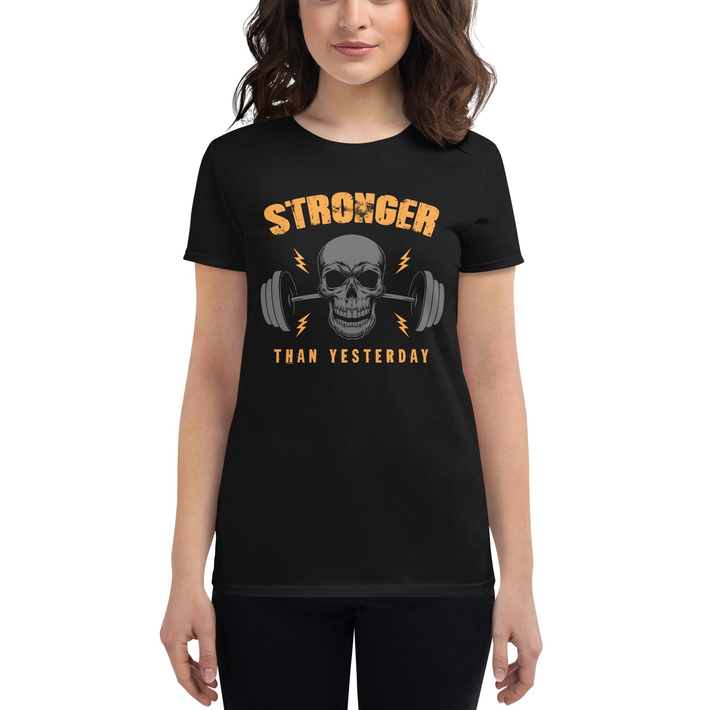 Stronger Than Yesterday Skull Women’s Motivational Black T-Shirt