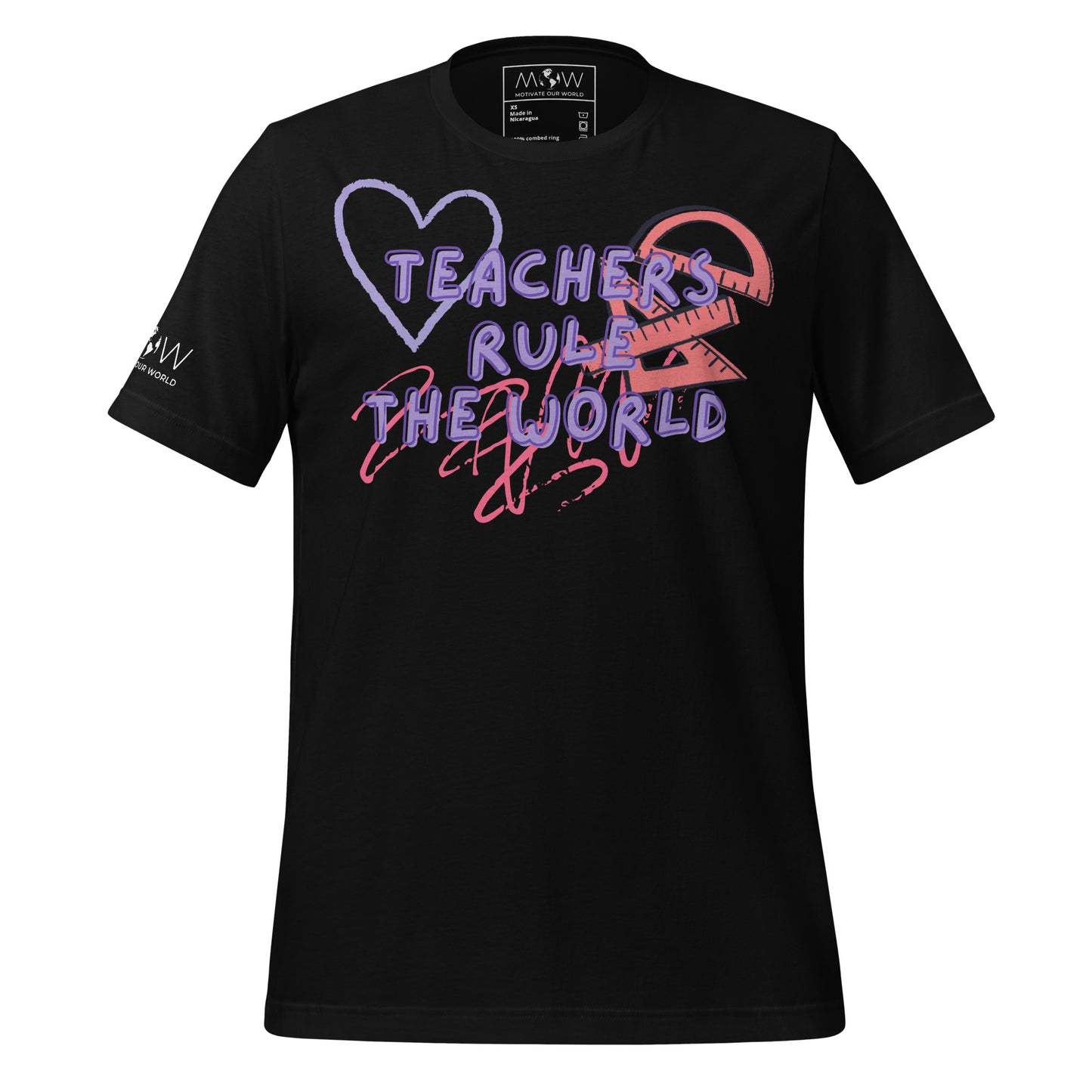 Teachers Rule the World - Heart + Ruler Men's Motivational Black T-Shirt