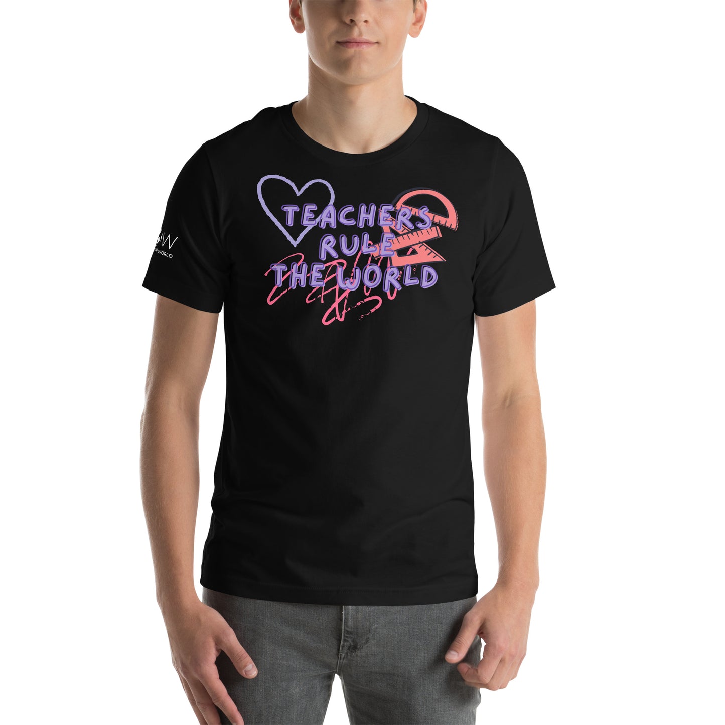 Teachers Rule the World - Heart + Ruler Men's Motivational Black T-Shirt