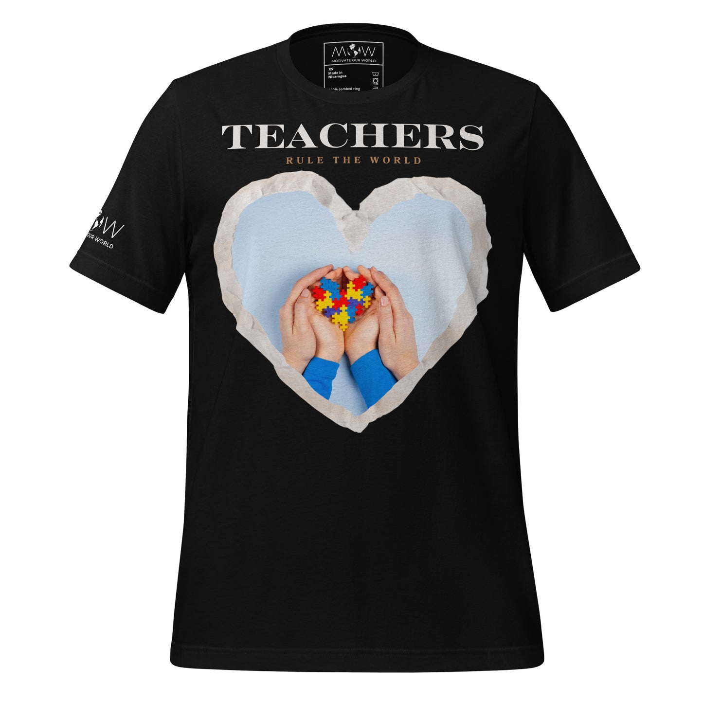 Teachers Rule the World - Puzzle Heart Motivational Black Men's T-Shirt