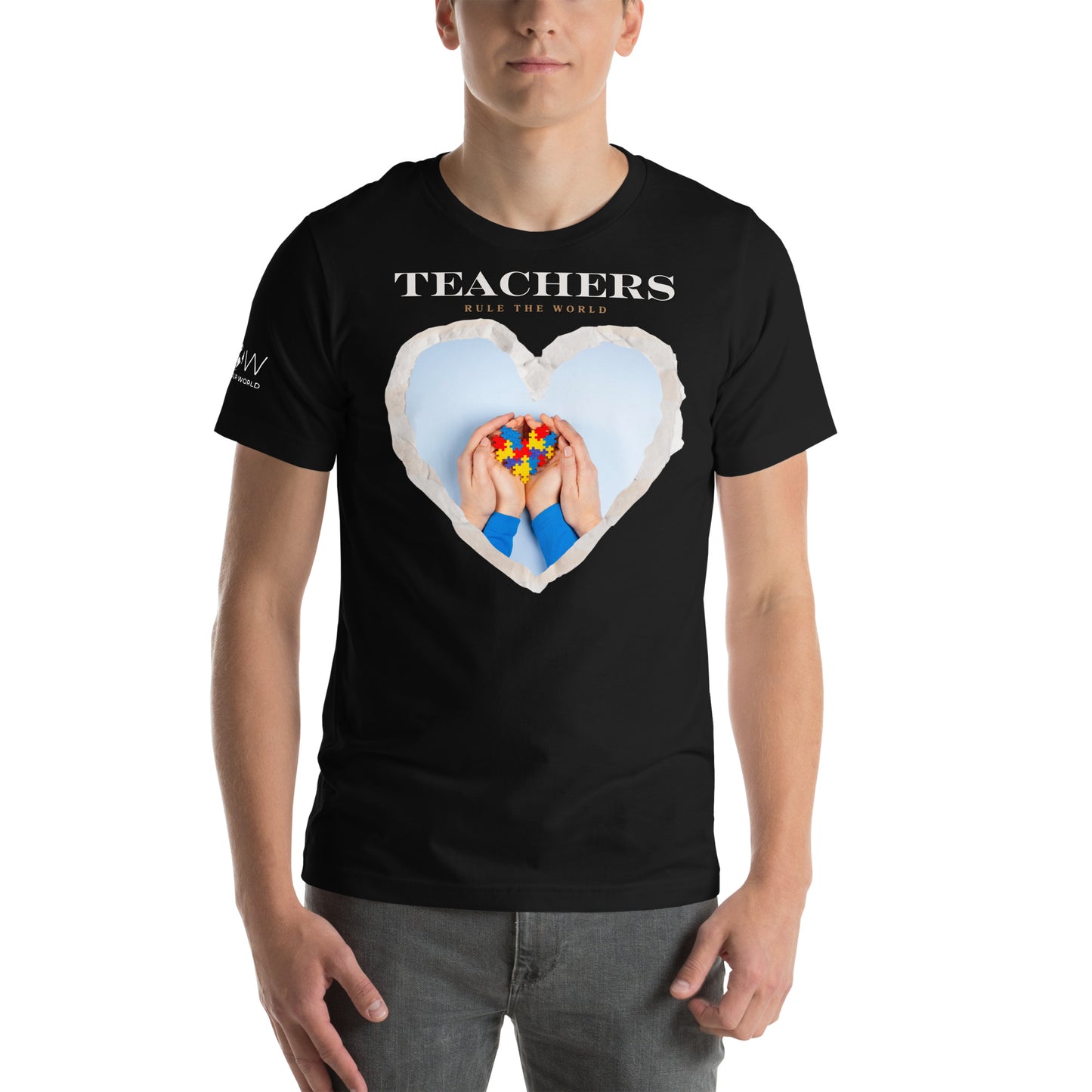 Teachers Rule the World - Puzzle Heart Motivational Black Men's T-Shirt