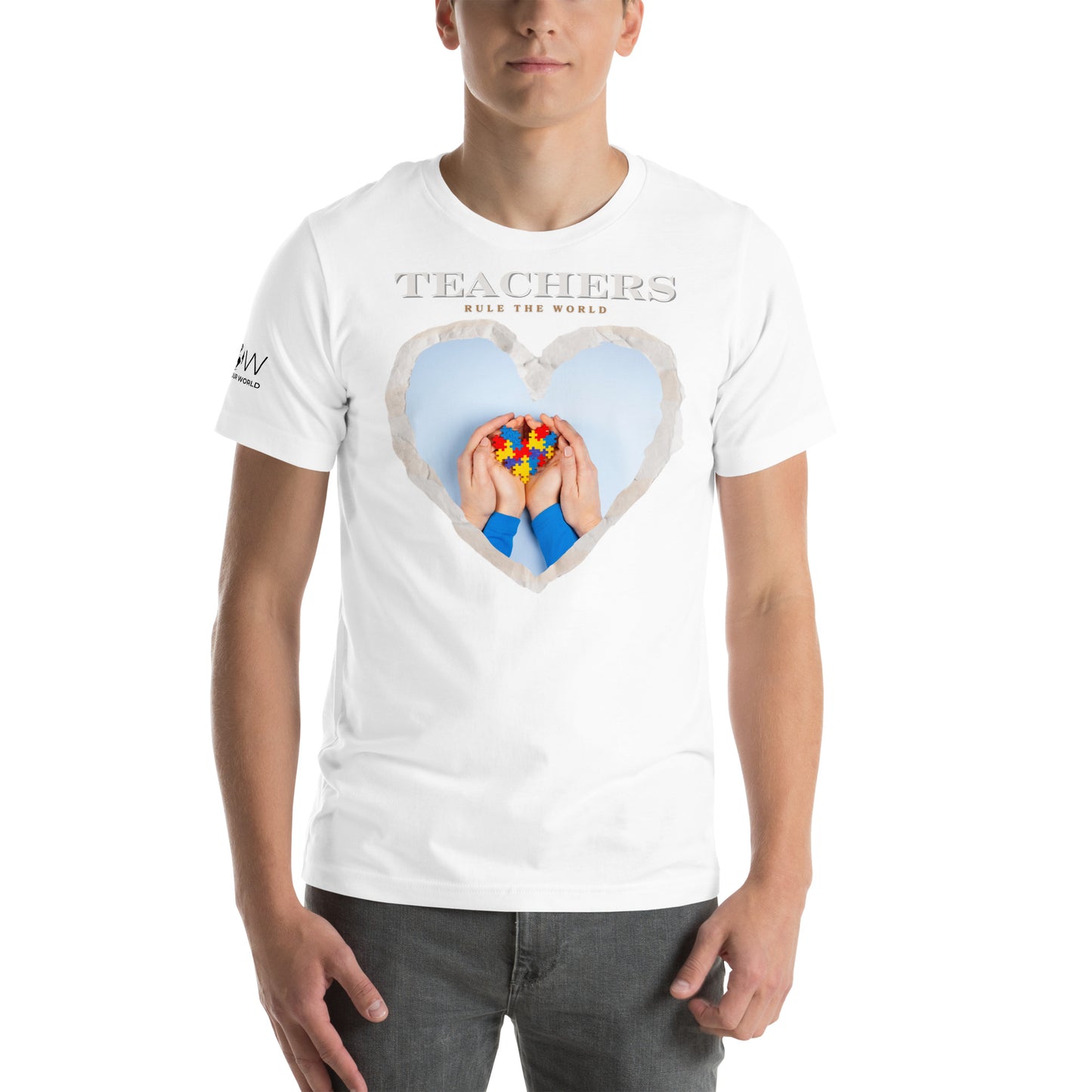 Teachers Rule the World - Puzzle Heart White Motivational Men's T-Shirt