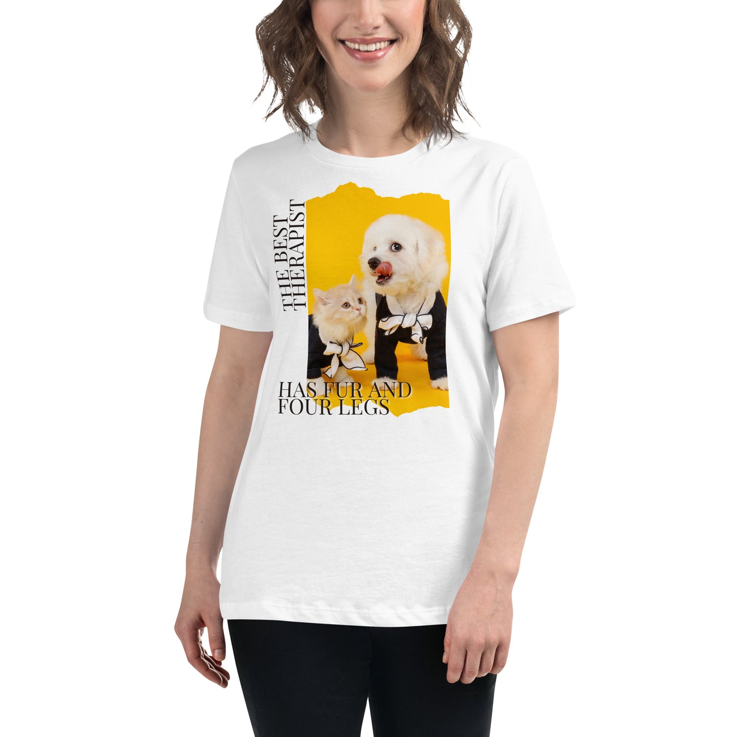 The Best Therapist Has Fur and Four Legs - Adorable Cat and Dog White Motivational Women’s T-Shirt Lifestyle