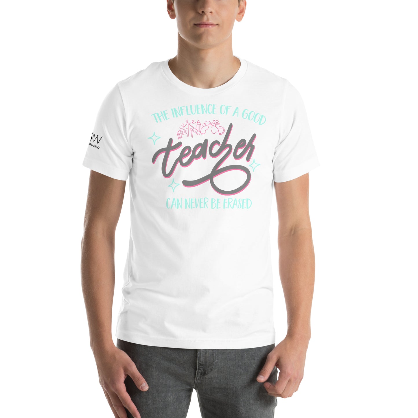 The Influence of a Good Teacher – Neon School Icons Men's Motivational White T-Shirt