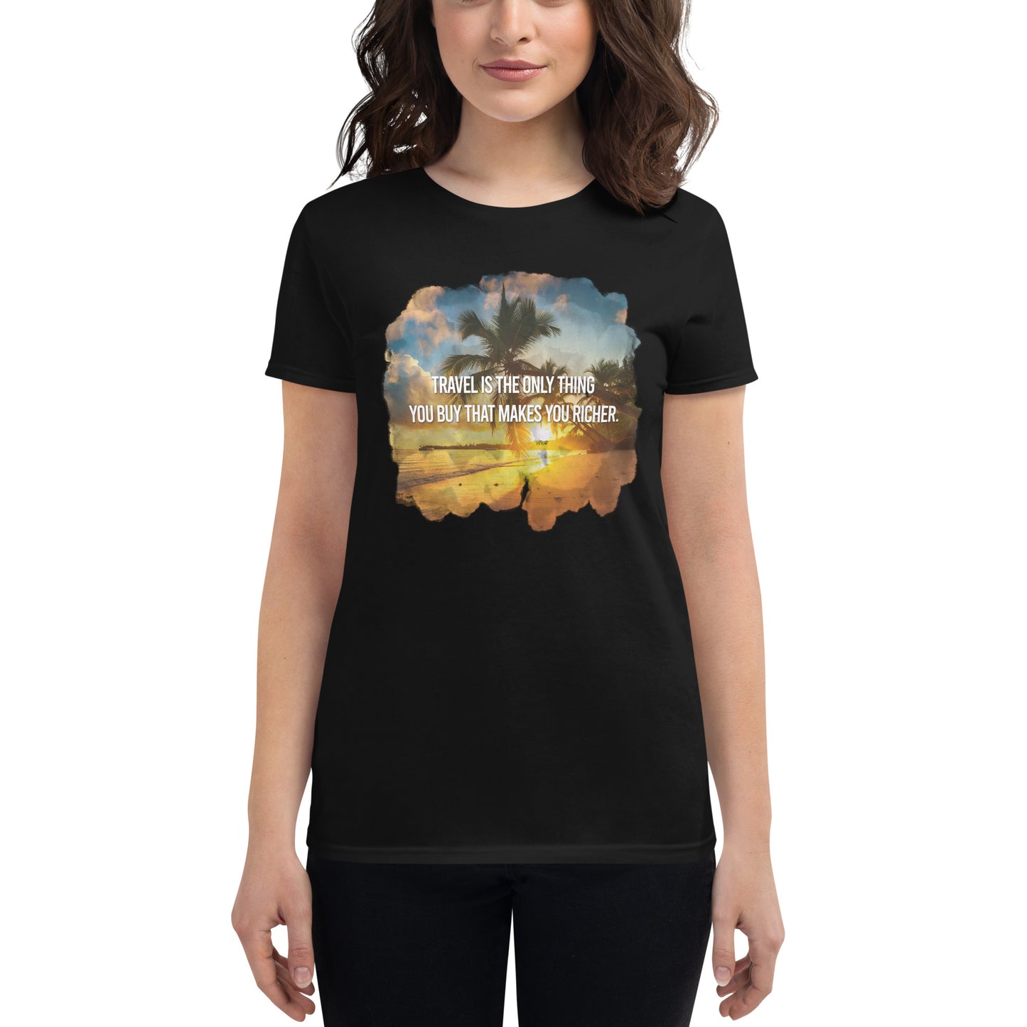 Travel Makes You Richer (Tropical Sunset Design) Women’s Motivational Black T-Shirt