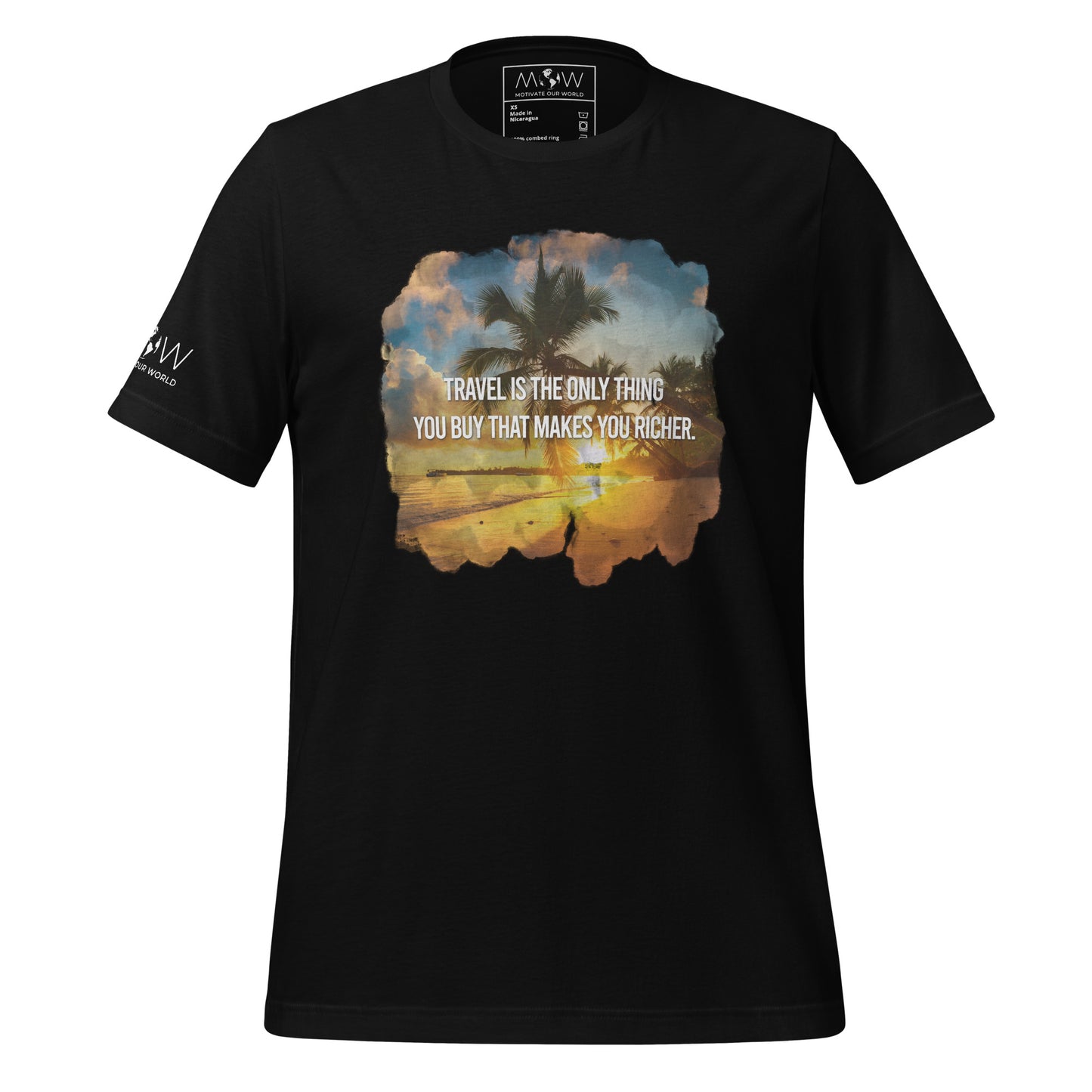Travel is the Only Thing You Buy That Makes You Richer (Tropical Sunset Design) Men's Motivational Black T-Shirt
