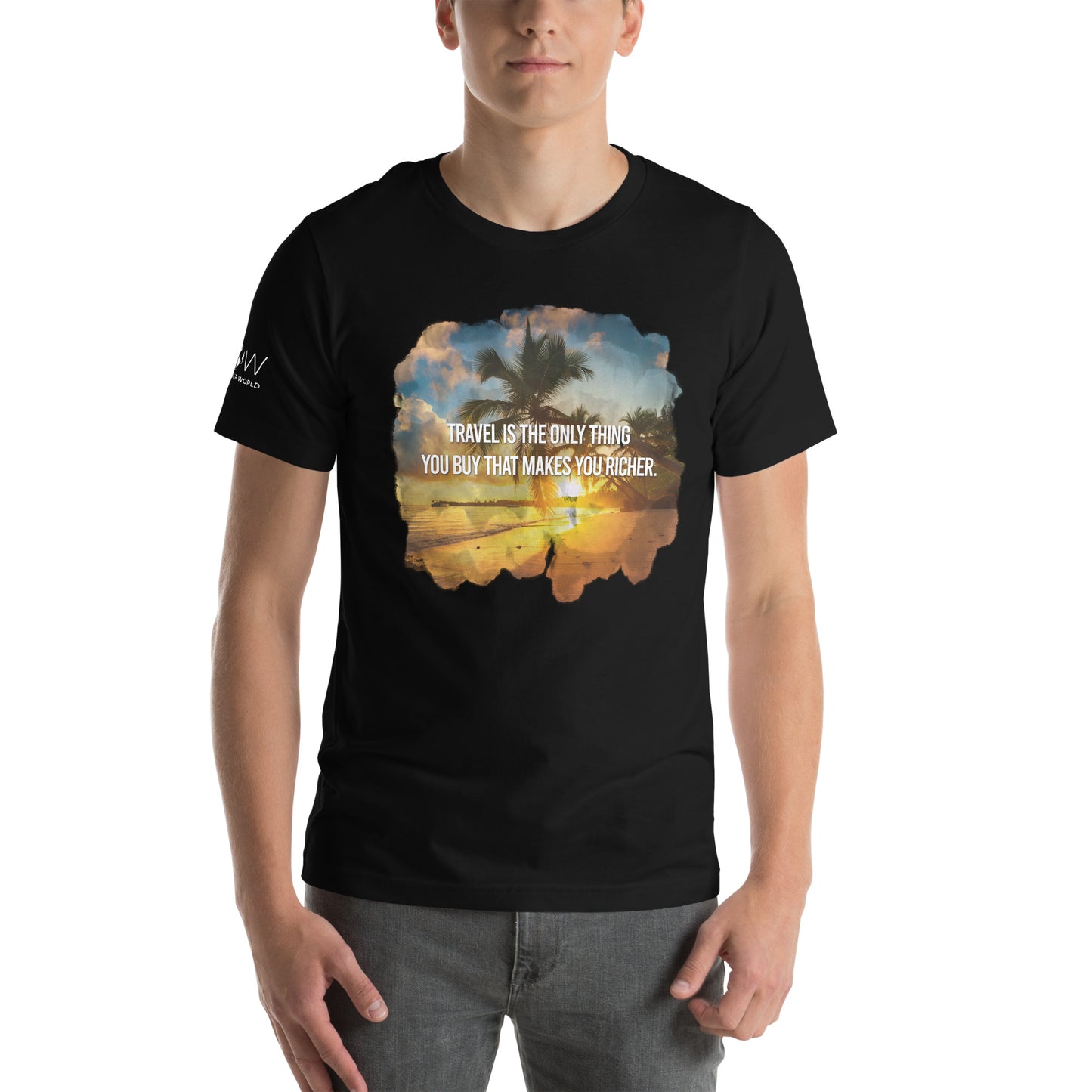 Travel is the Only Thing You Buy That Makes You Richer (Tropical Sunset Design) Men's Motivational Black T-Shirt