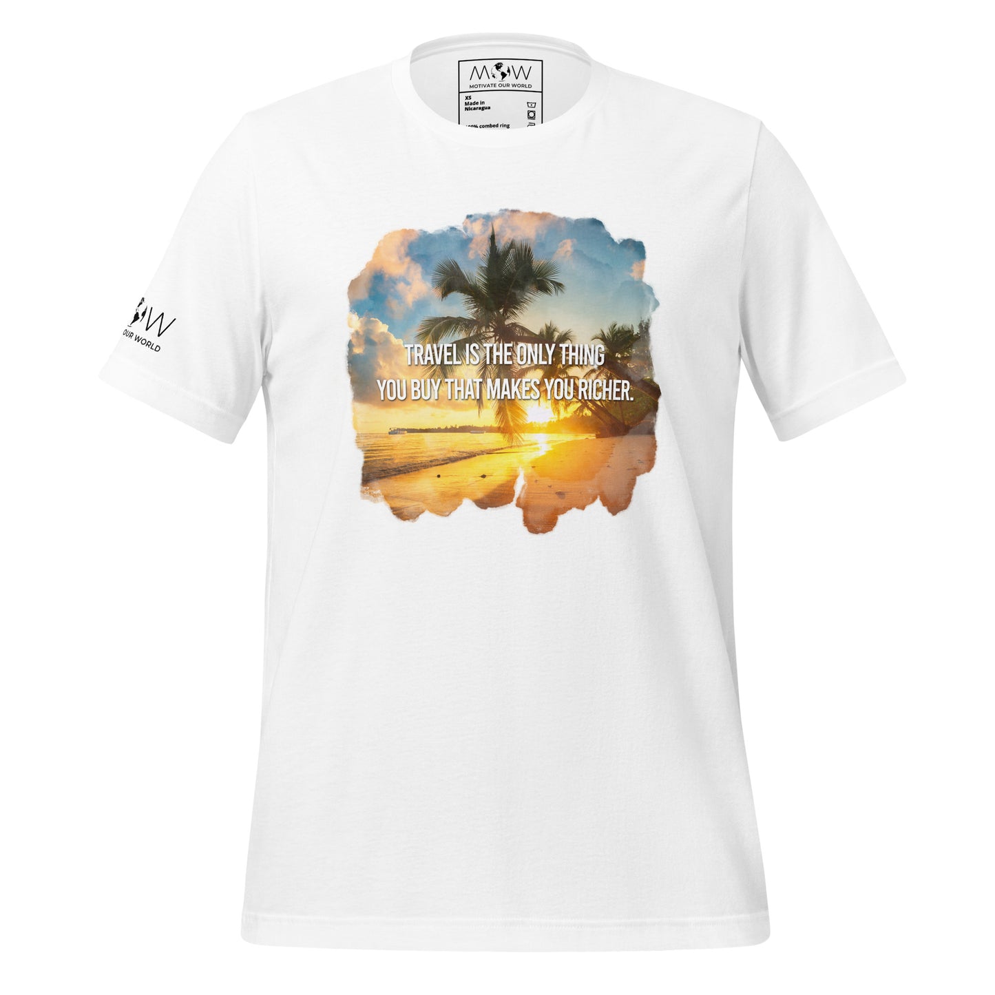 Travel is the Only Thing You Buy That Makes You Richer (Tropical Sunset Design) Men's Motivational White T-Shirt