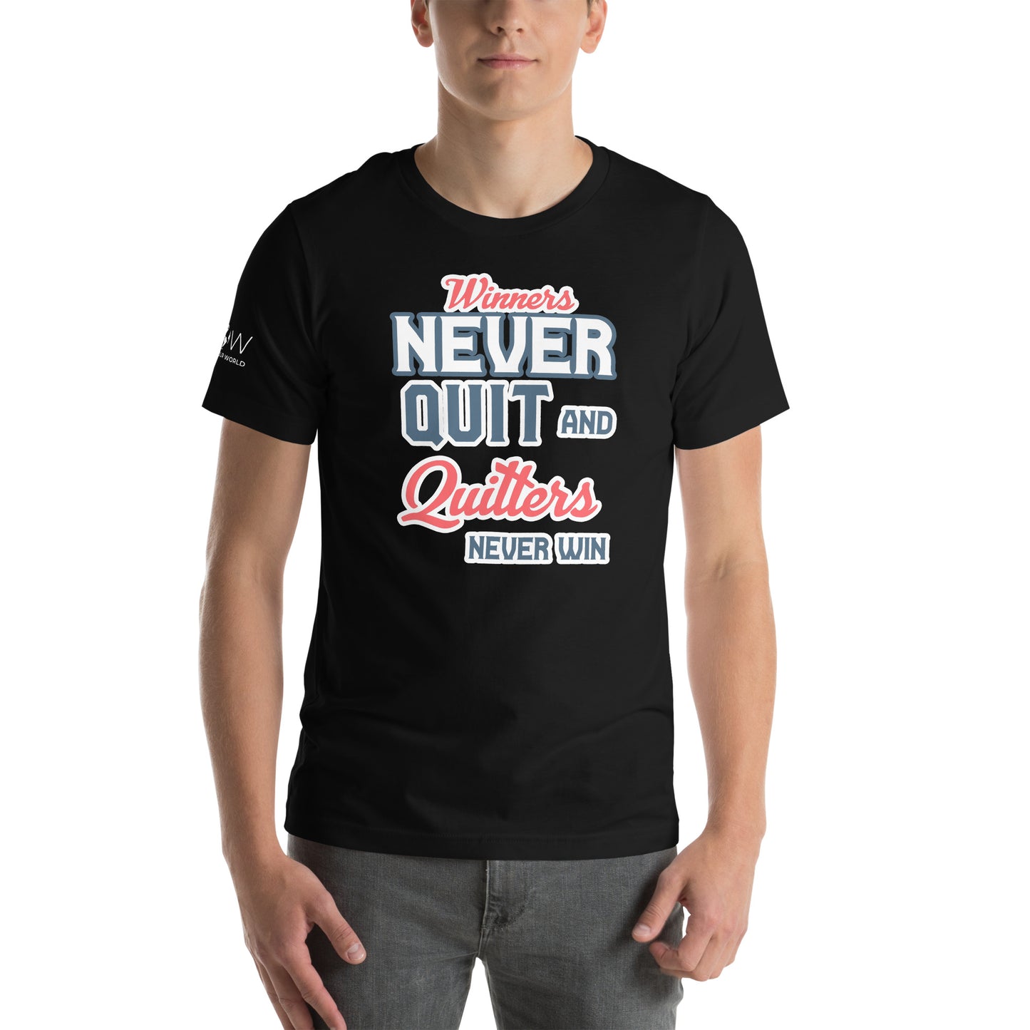 "Winners Never Quit and Quitters Never Win" Men's Motivational Black T-Shirt