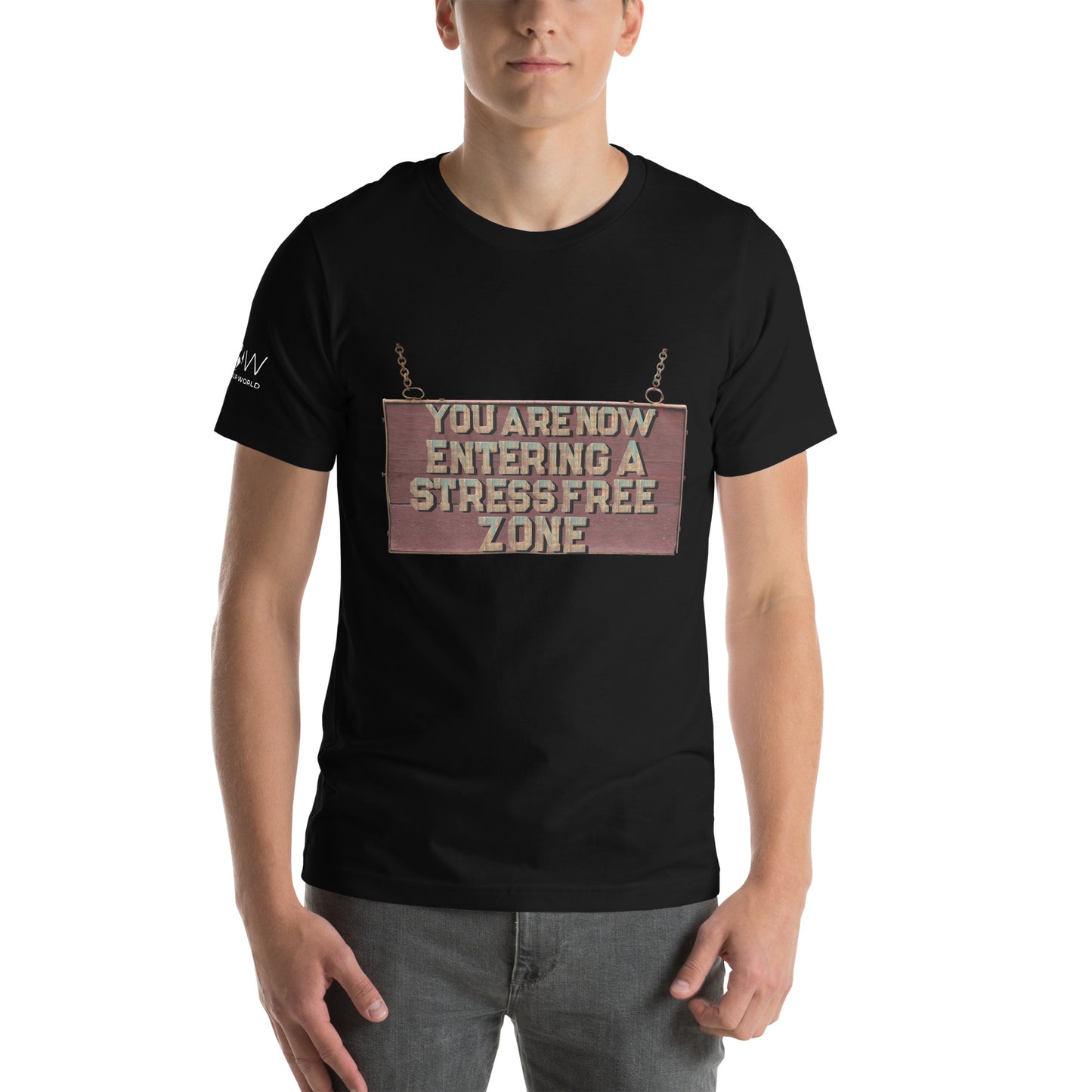You Are Now Entering a Stress-Free Zone (Rustic Sign Design) Men's Motivational Black T-Shirt