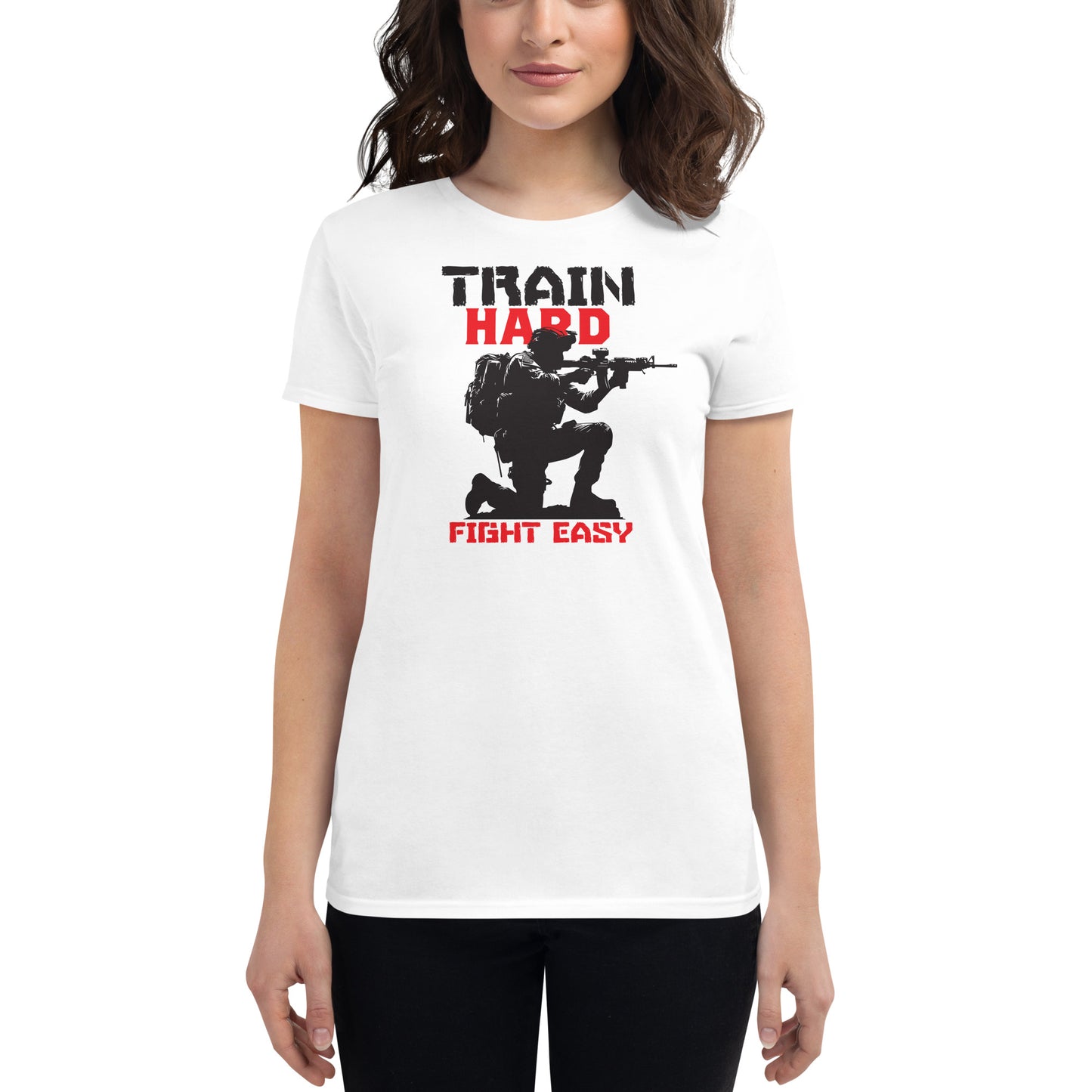 Train Hard, Fight Easy Women’s Motivational White T-Shirt Lifestyle