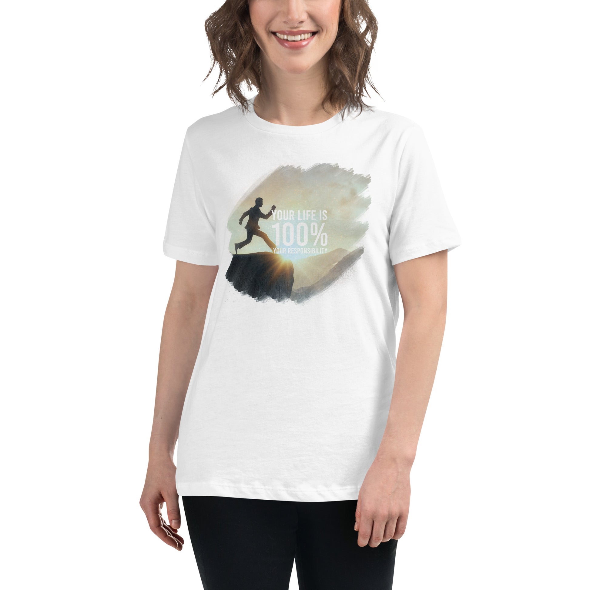 100% Responsibility Leap White Motivational Women’s T-Shirt Lifestyle