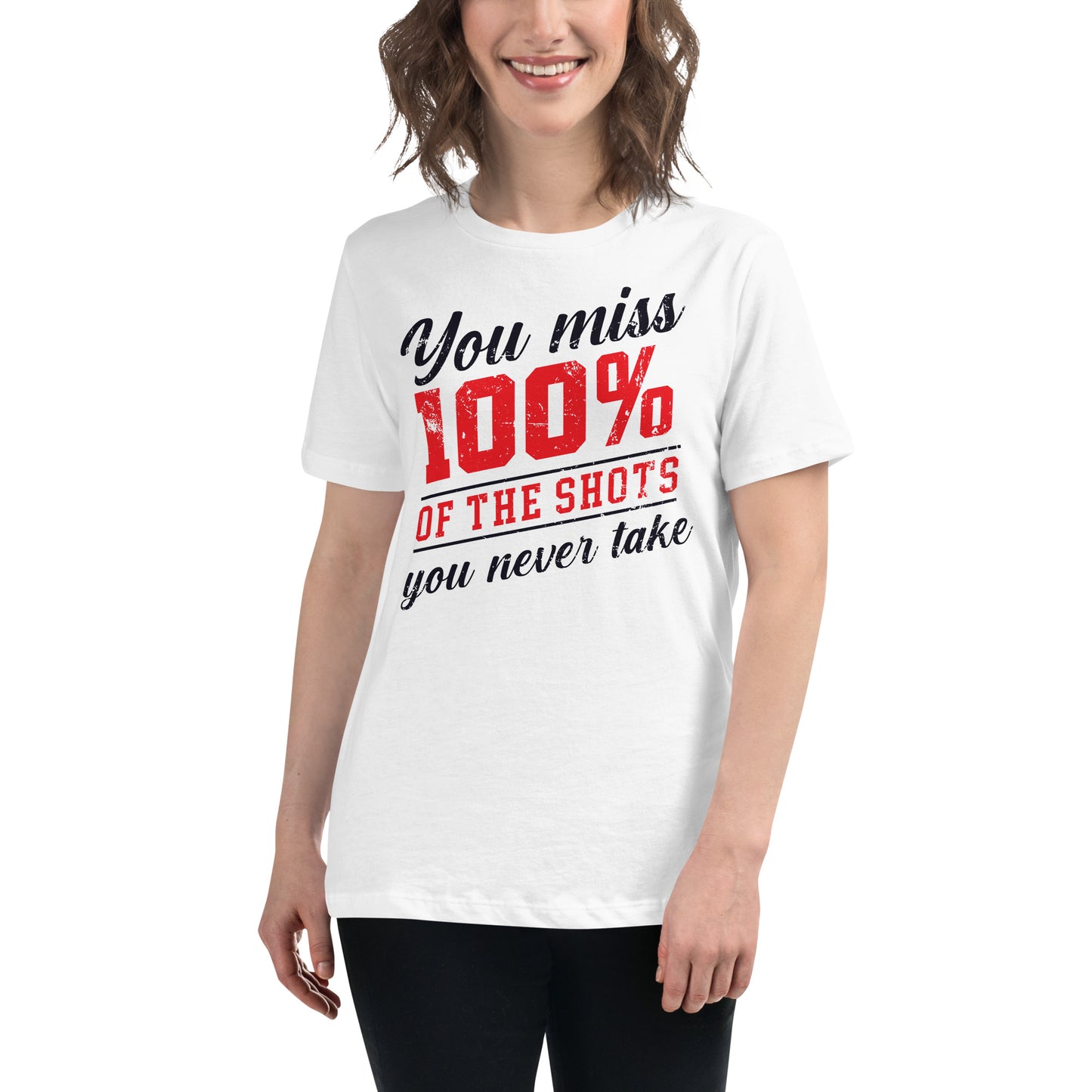 "100% of the Shots" White Motivational Women’s T-Shirt Lifestyle
