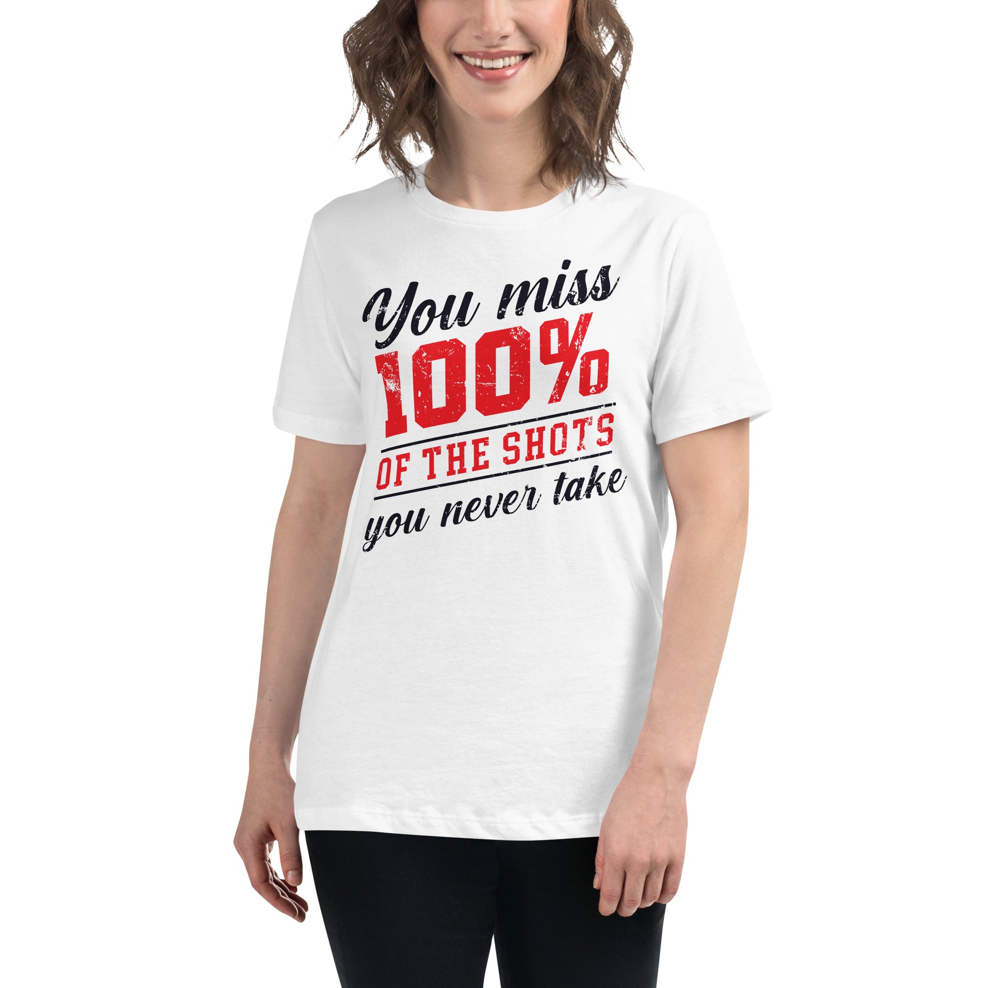 "100% of the Shots" White Motivational Women’s T-Shirt Lifestyle