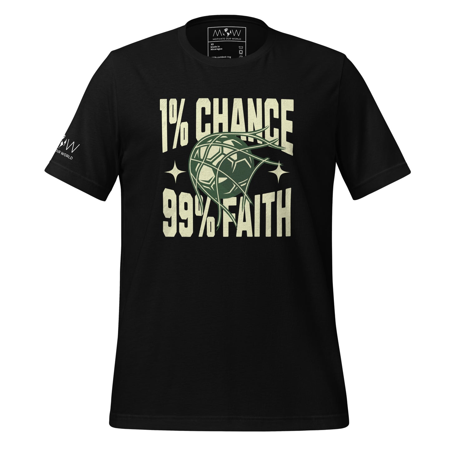 "1% Chance, 99% Faith" Soccer Motivational Black T-Shirt