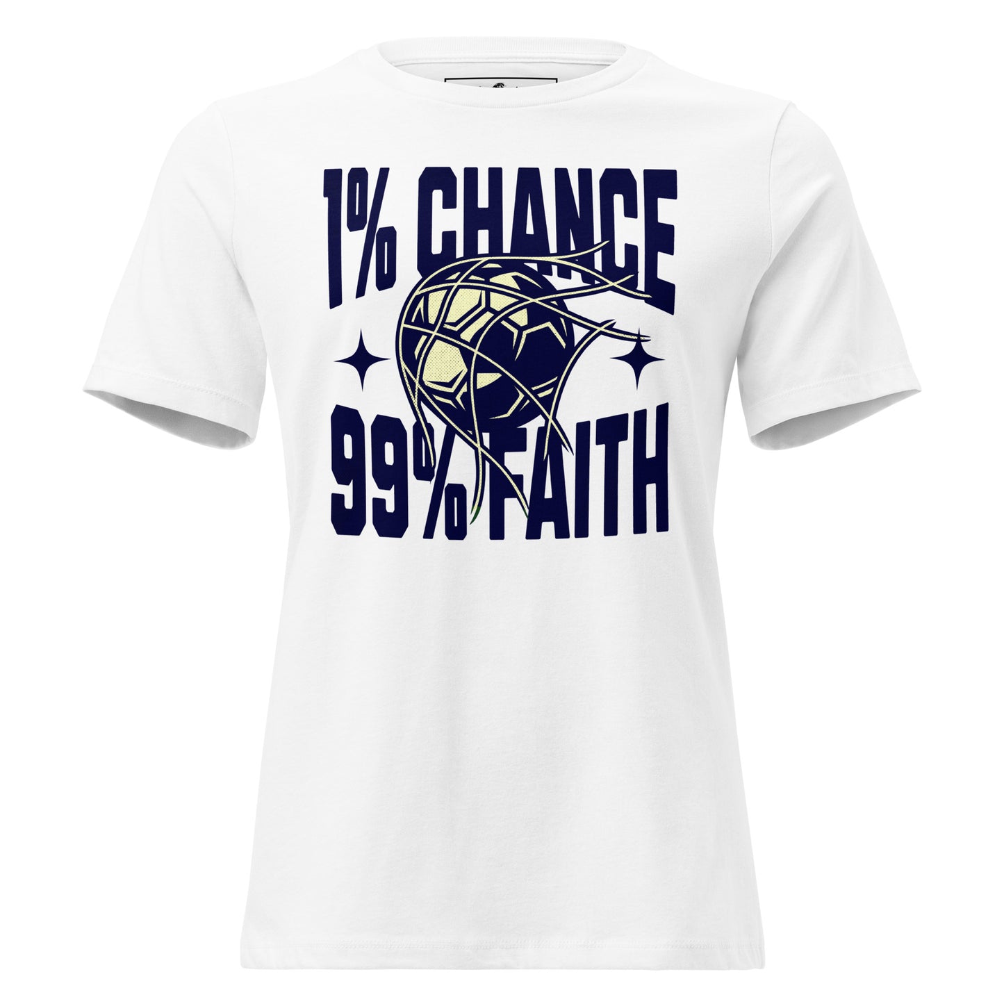 "1% Chance, 99% Faith" Soccer White Motivational Women’s T-Shirt"1% Chance, 99% Faith" Soccer White Motivational Women’s T-Shirt