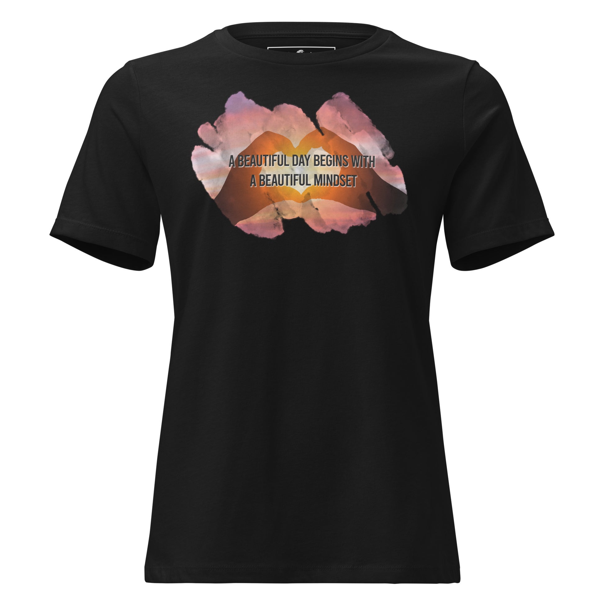 A Beautiful Day Begins with a Beautiful Mindset - Heart Sunset Black Motivational Women’s T-Shirt