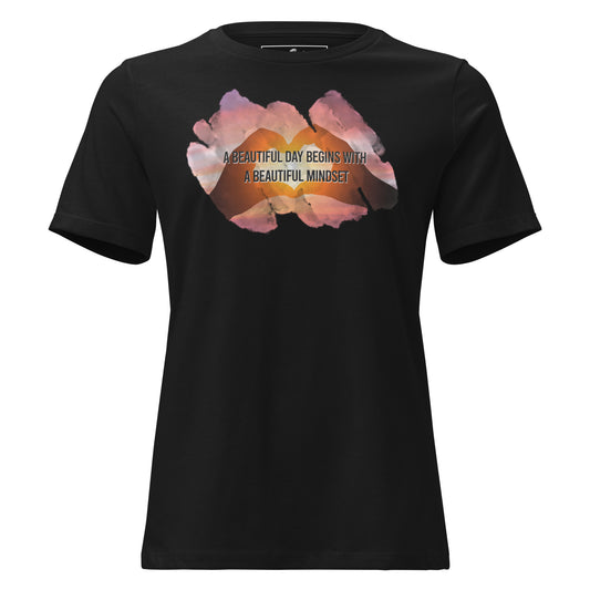 A Beautiful Day Begins with a Beautiful Mindset - Heart Sunset Black Motivational Women’s T-Shirt