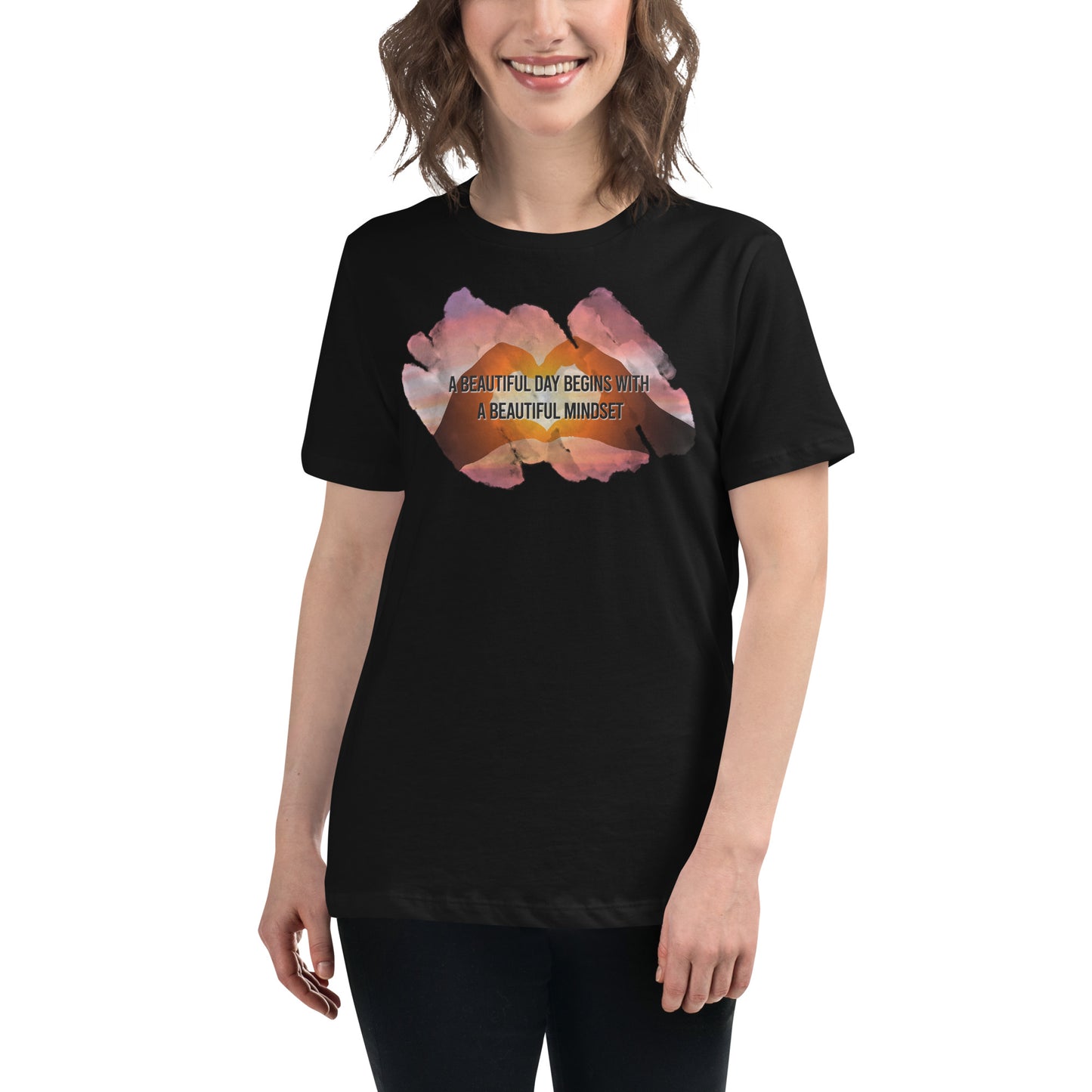 A Beautiful Day Begins with a Beautiful Mindset - Heart Sunset Black Motivational Women’s T-Shirt Lifestyle