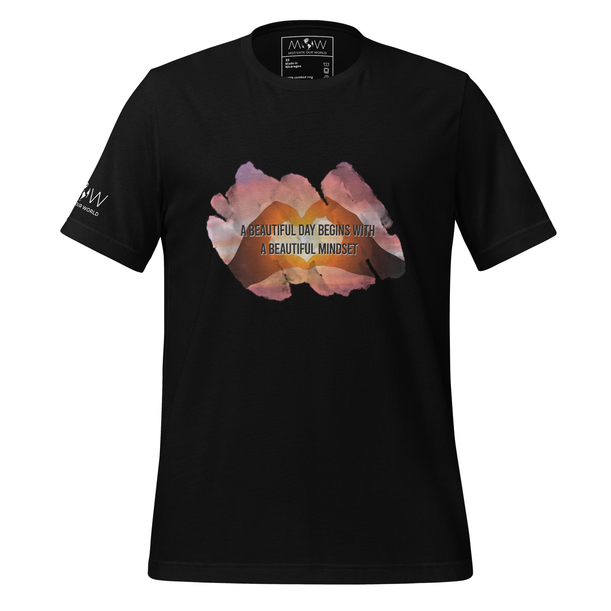 A Beautiful Day Begins with a Beautiful Mindset - Heart Sunset Men's Motivational Black T-Shirt
