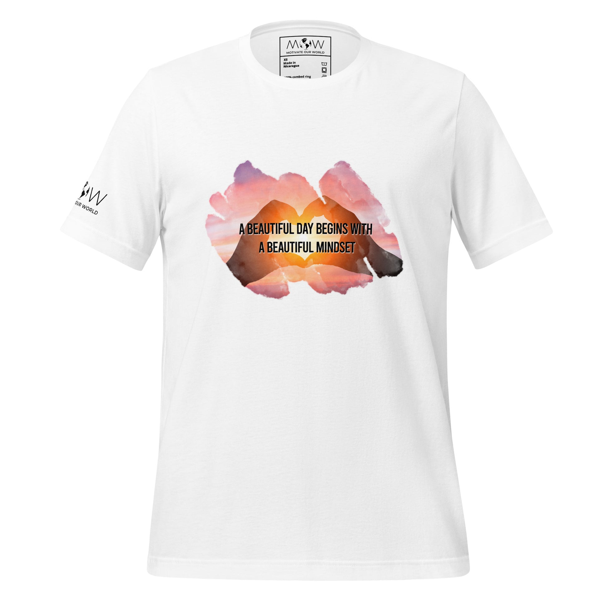 A Beautiful Day Begins with a Beautiful Mindset - Heart Sunset Men's Motivational White T-Shirt