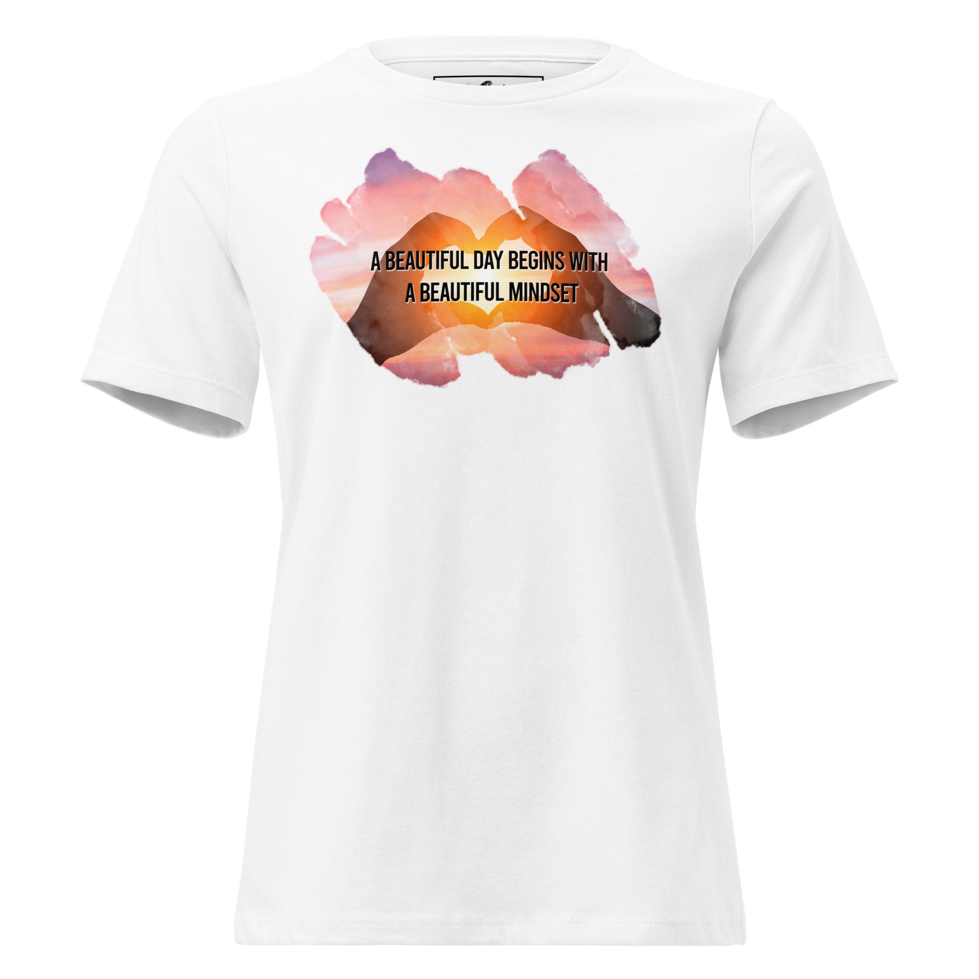 A Beautiful Day Begins with a Beautiful Mindset - Heart Sunset White Motivational Women’s T-Shirt