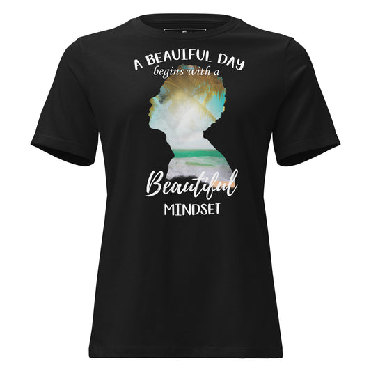 A Beautiful Day Begins with a Beautiful Mindset - Tropical Silhouette Black Motivational Women’s T-Shirt