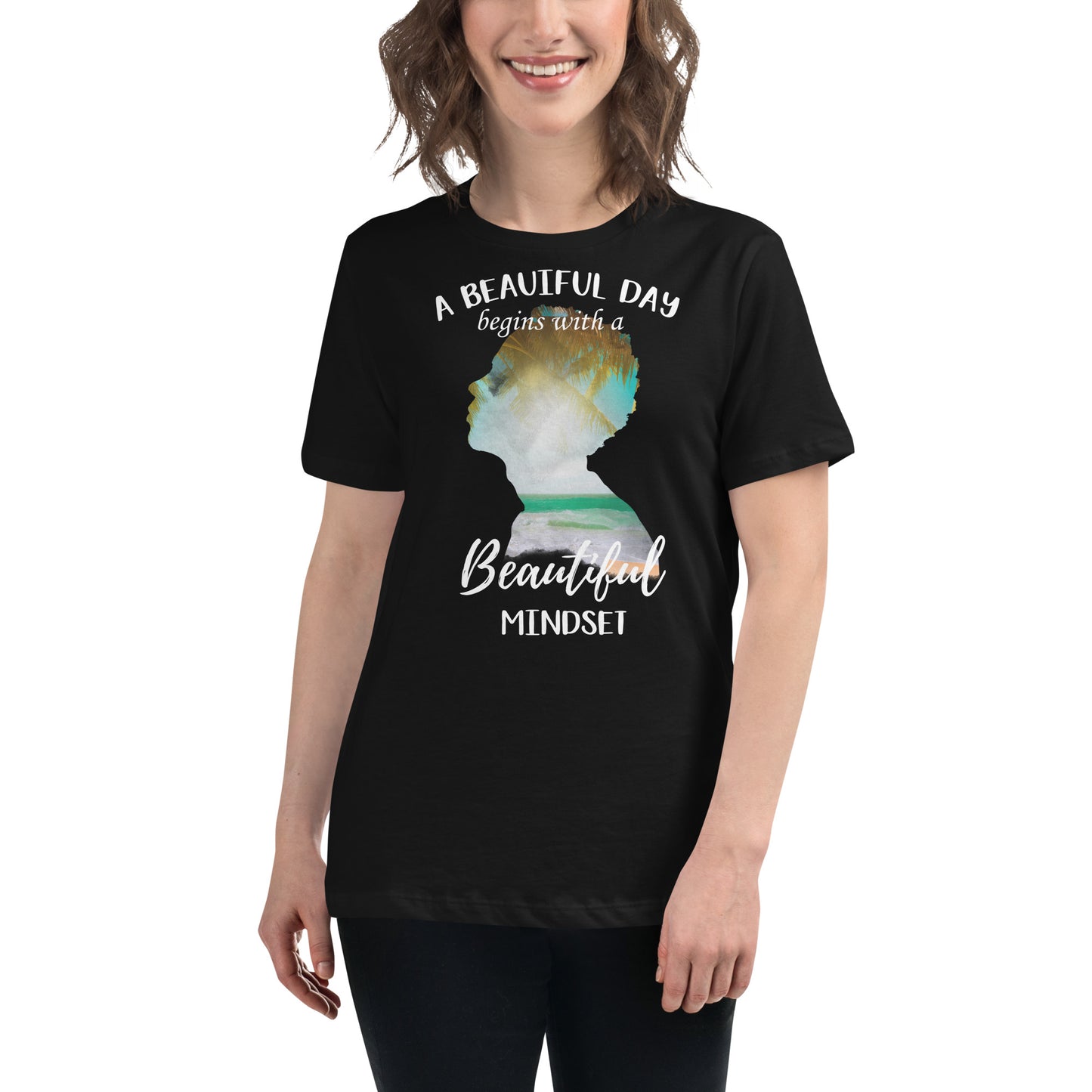 A Beautiful Day Begins with a Beautiful Mindset - Tropical Silhouette Black Motivational Women’s T-Shirt Lifestyle