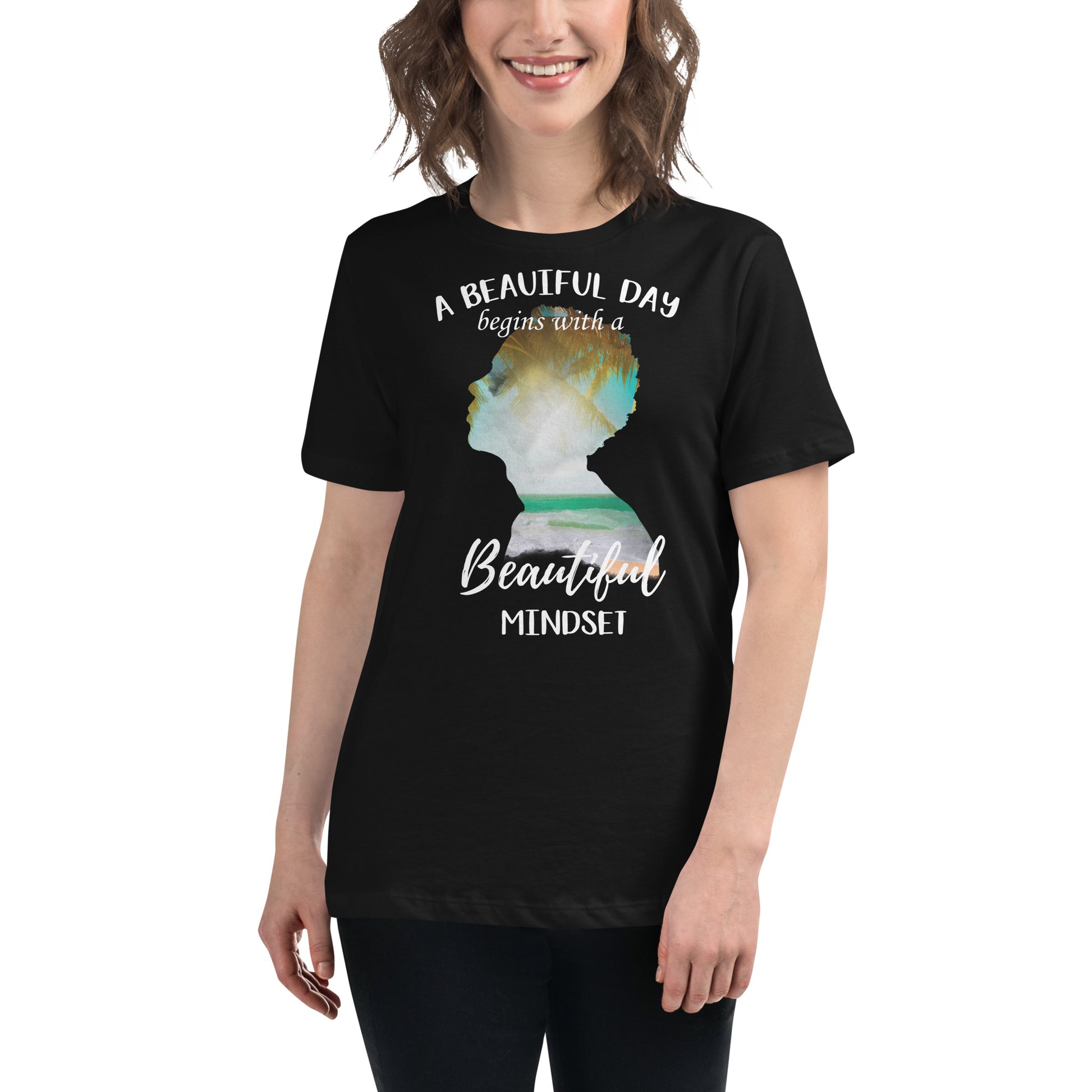 A Beautiful Day Begins with a Beautiful Mindset - Tropical Silhouette Black Motivational Women’s T-Shirt Lifestyle