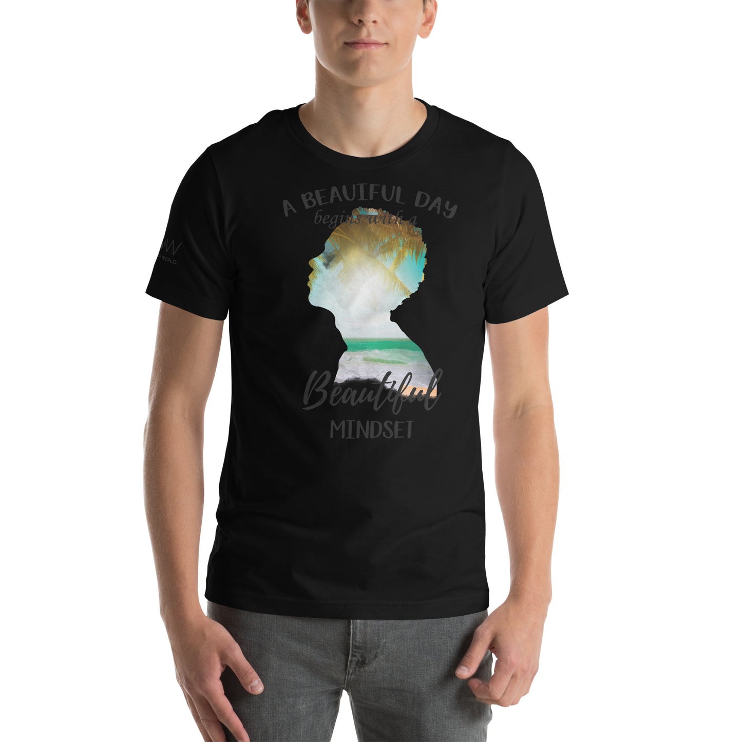 A Beautiful Day Begins with a Beautiful Mindset - Tropical Silhouette Men's Motivational Black T-Shirt
