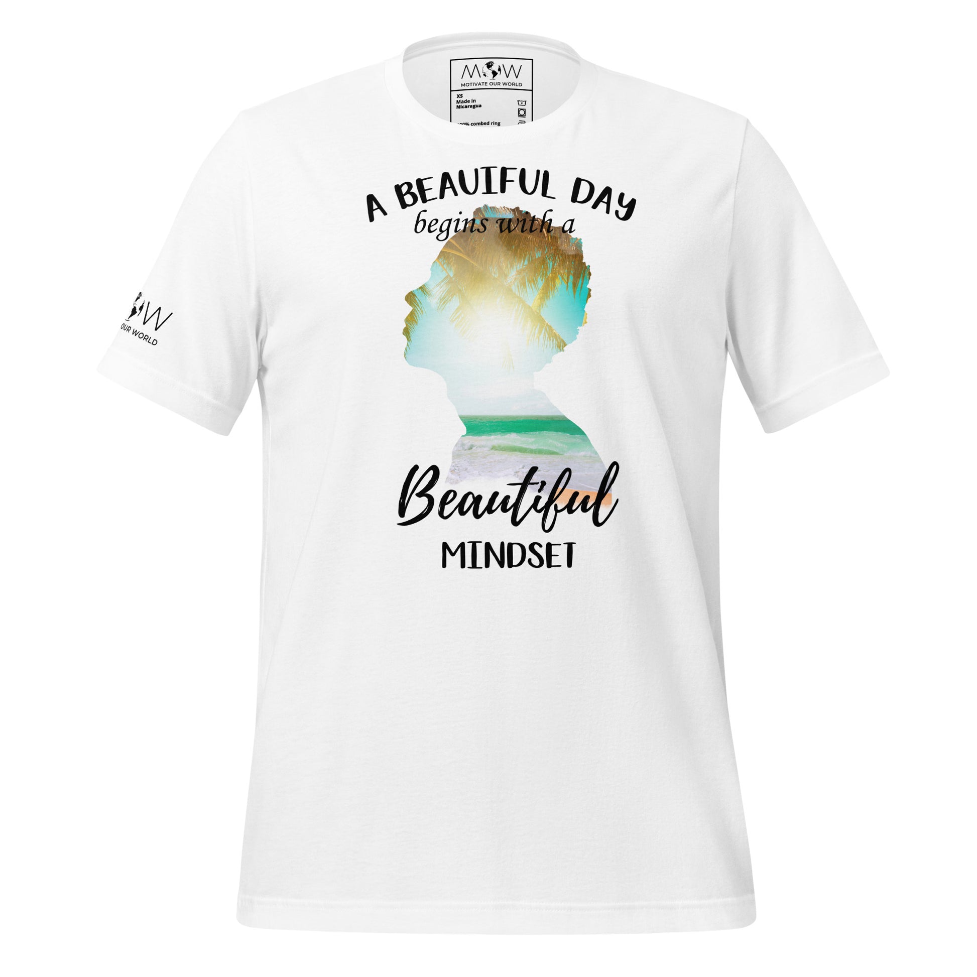 A Beautiful Day Begins with a Beautiful Mindset - Tropical Silhouette Men's Motivational White T-Shirt