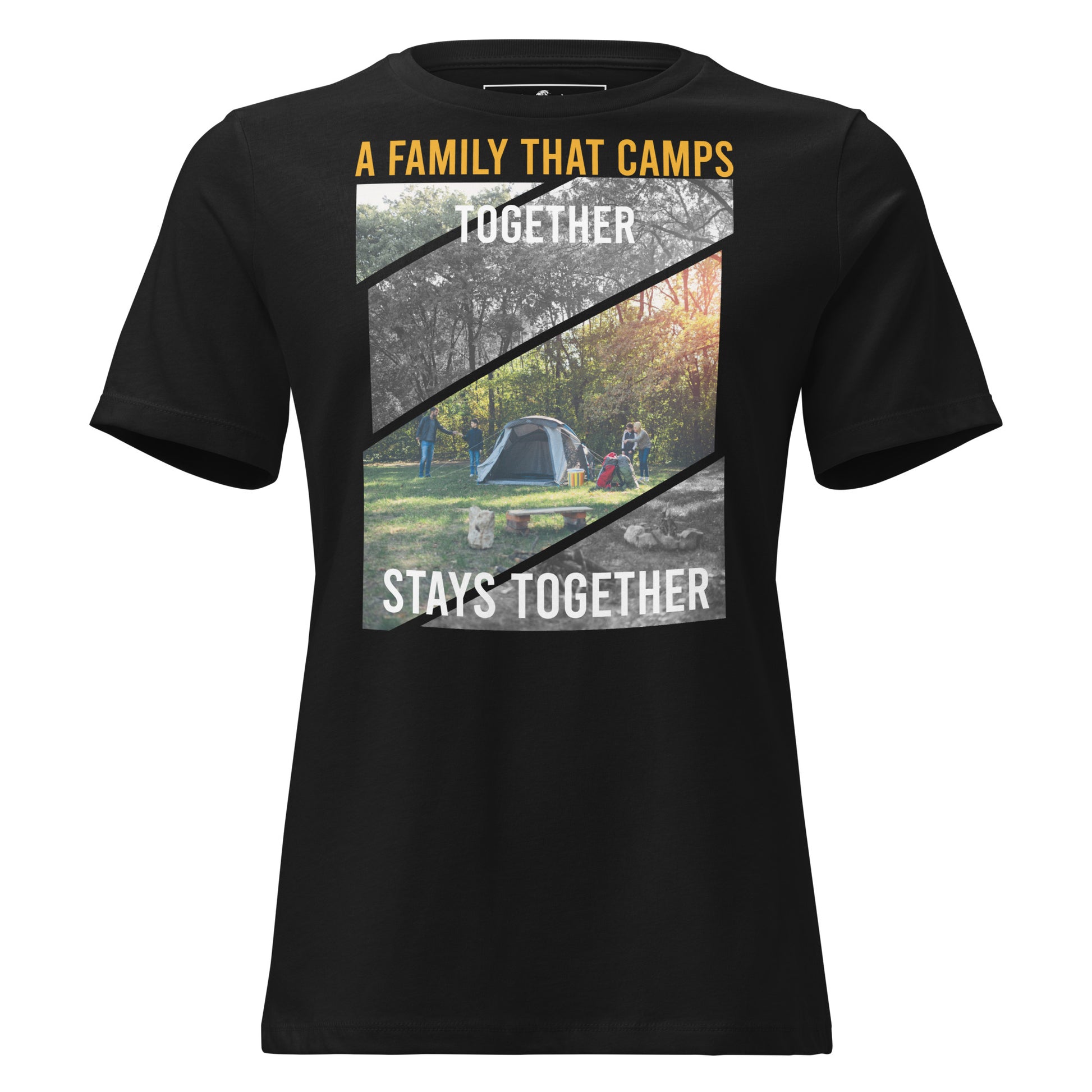 "A Family That Camps Together" Black Motivational Women’s T-Shirt