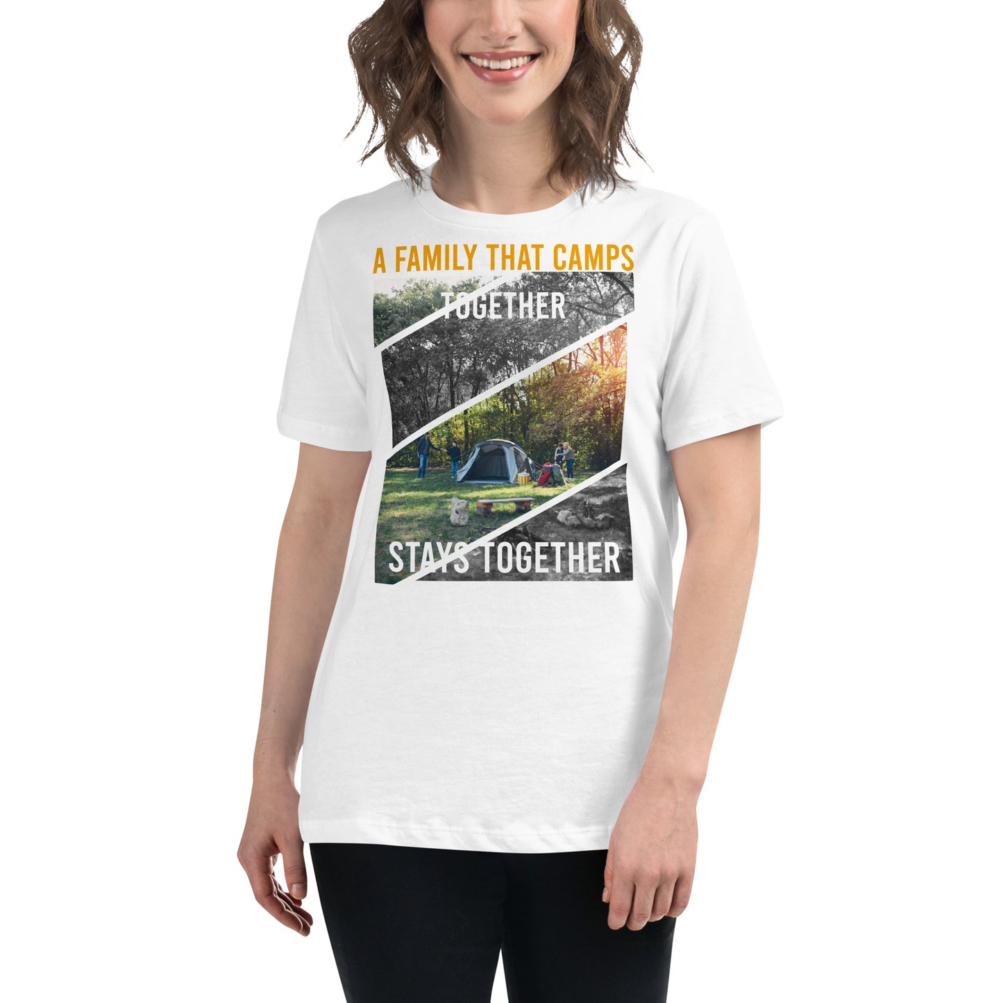 "A Family That Camps Together" White Motivational Women’s T-Shirt Lifestyle