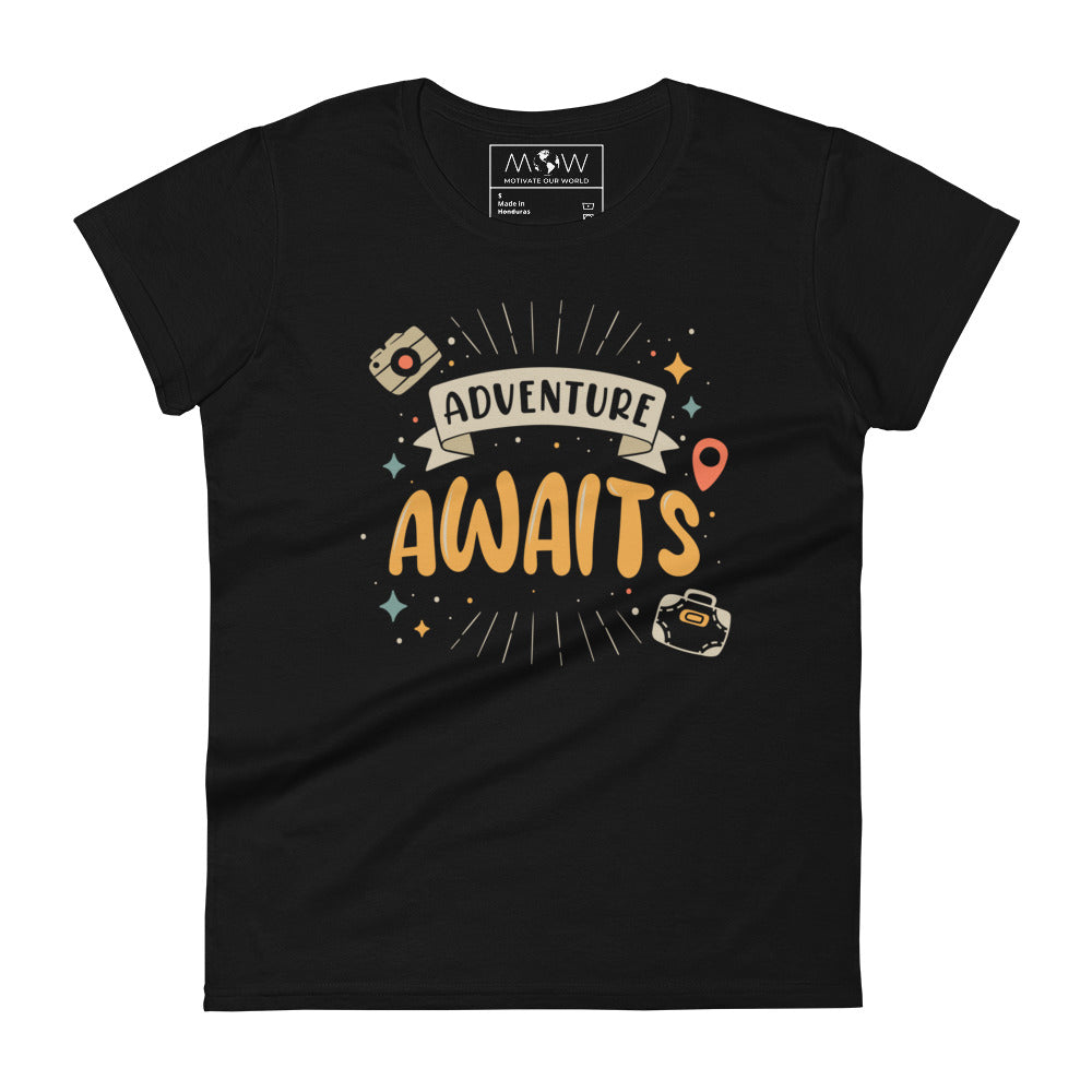 Adventure Awaits Banner Design Women’s Motivational Black T-Shirt