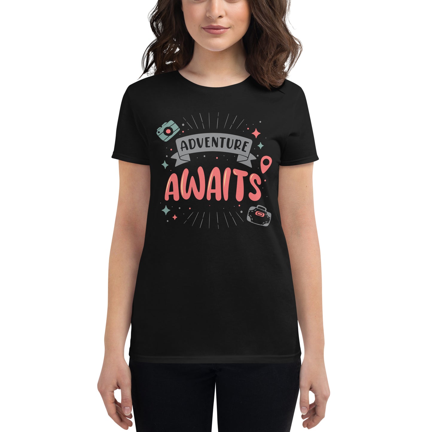 Adventure Awaits Banner Design Women’s Motivational Black T-Shirt
