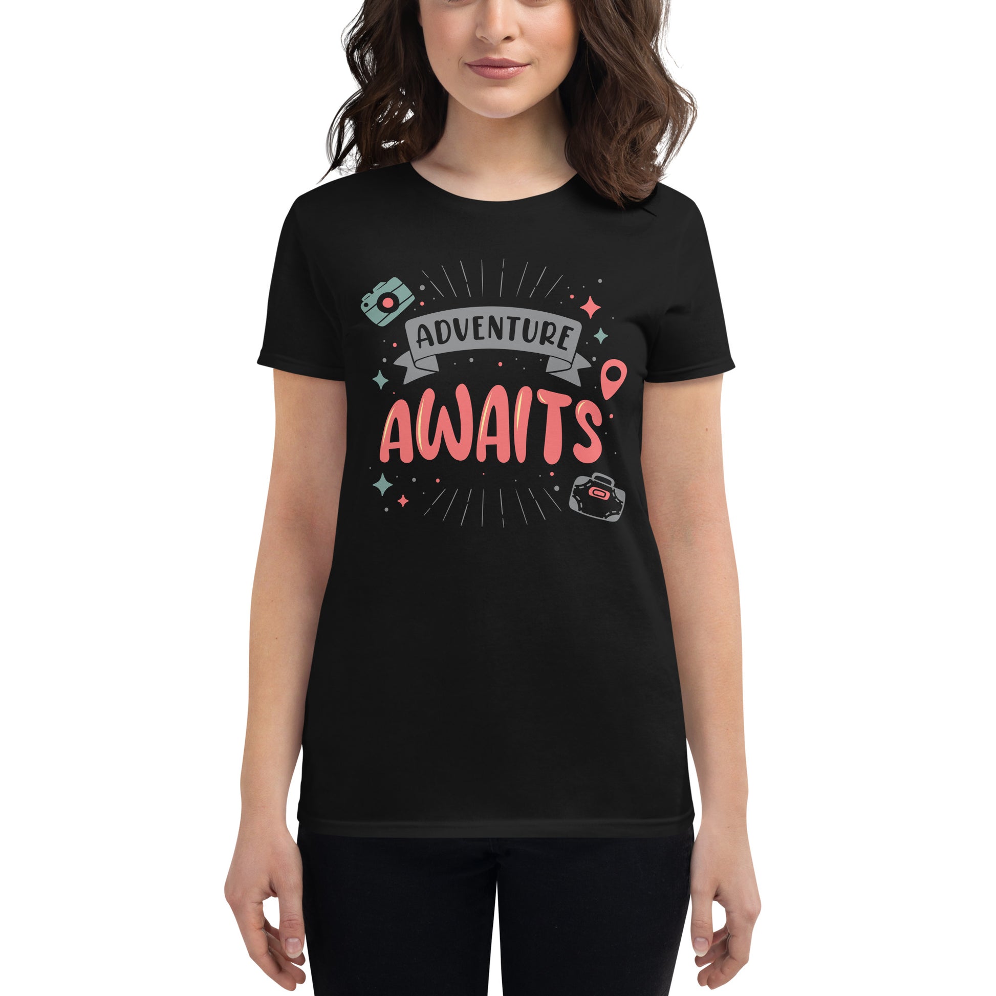 Adventure Awaits Banner Design Women’s Motivational Black T-Shirt