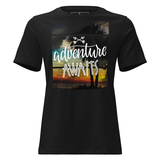 Adventure Awaits Sunset Black Motivational Women’s T-Shirt