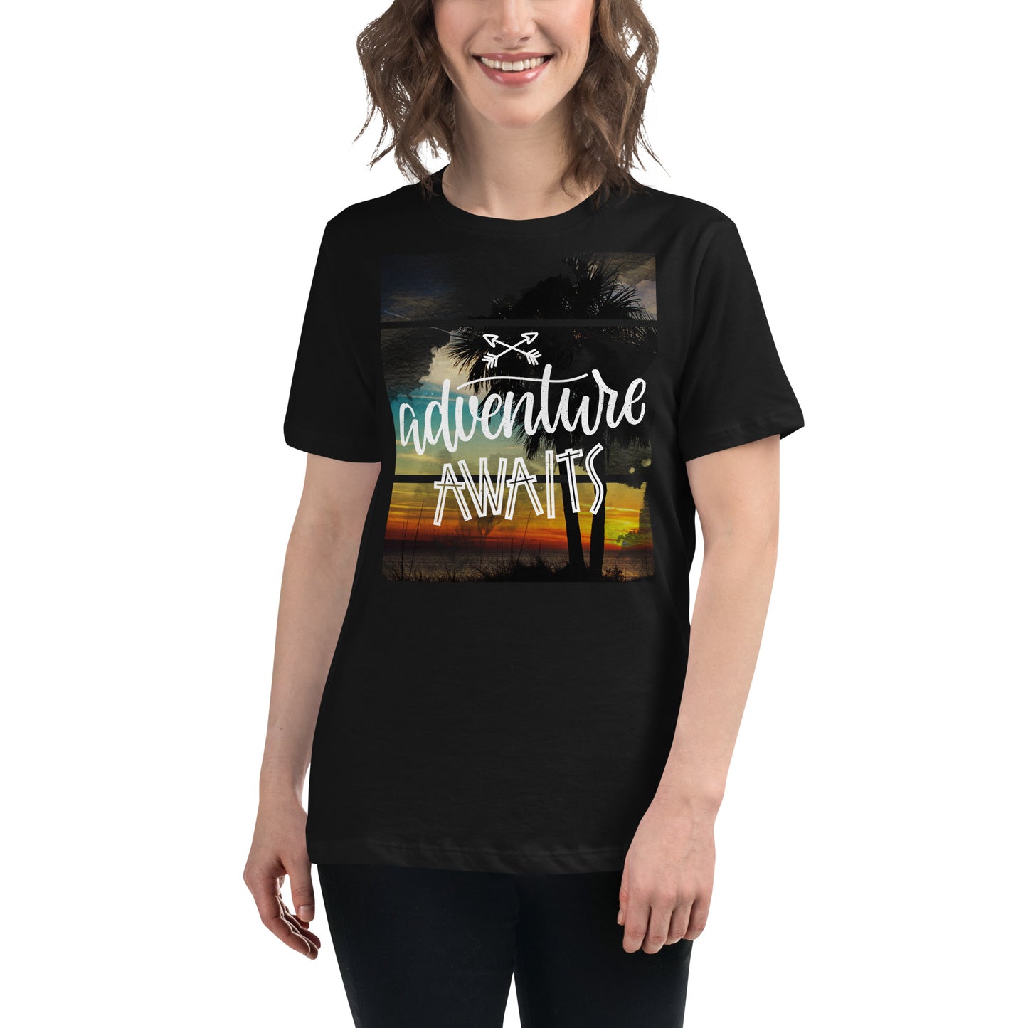 Adventure Awaits Sunset Black Motivational Women’s T-Shirt Lifestyle