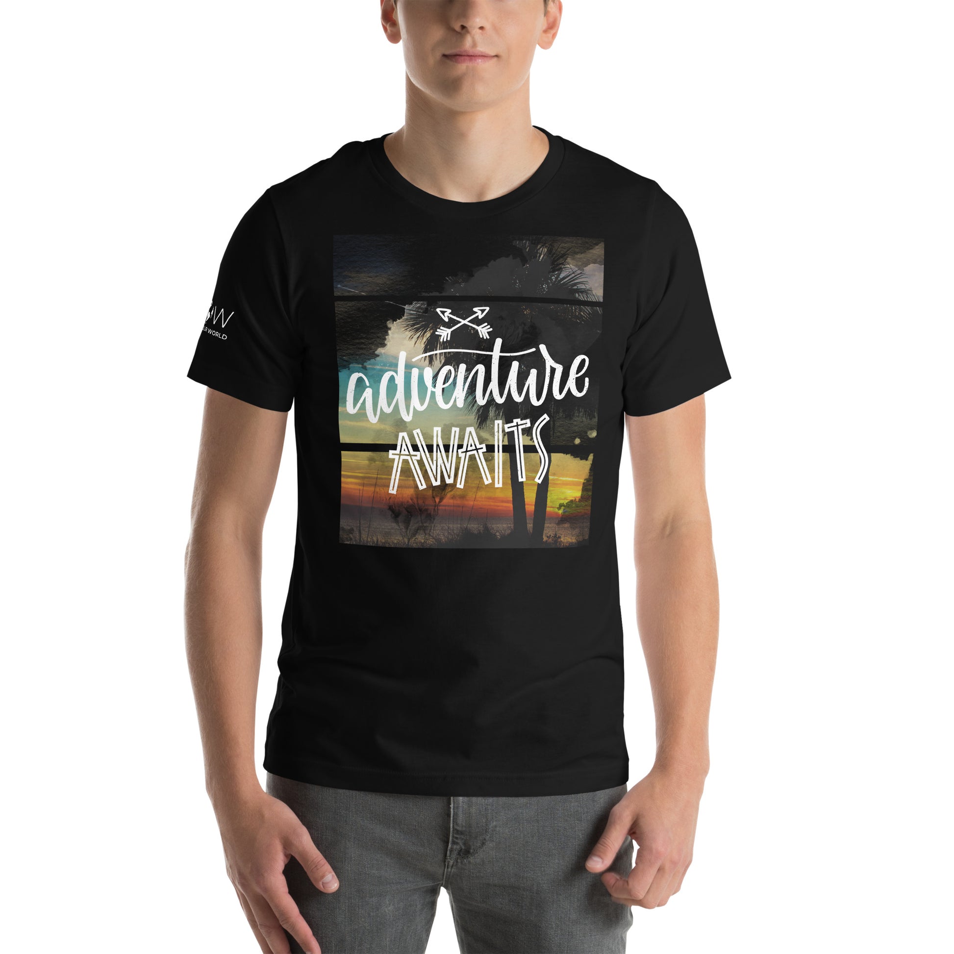 Adventure Awaits Sunset Men's Motivational Black T-Shirt