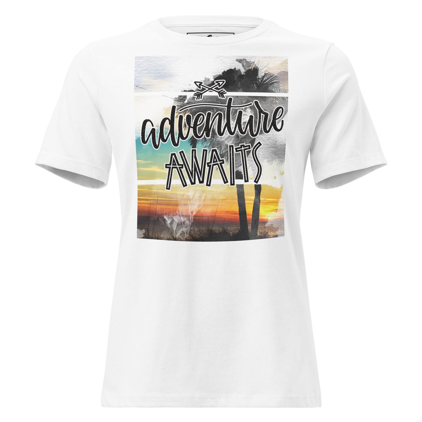 Adventure Awaits Sunset White Motivational Women’s T-Shirt