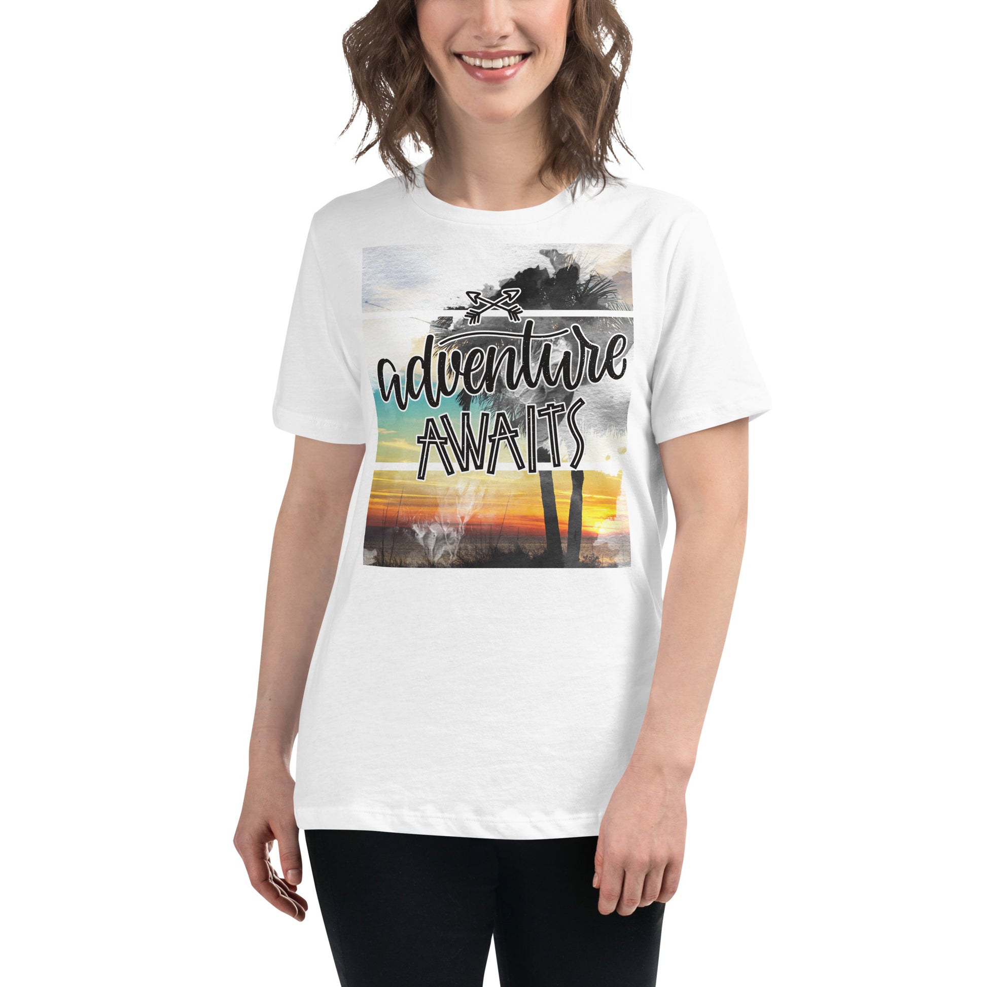 Adventure Awaits Sunset White Motivational Women’s T-Shirt Lifestyle