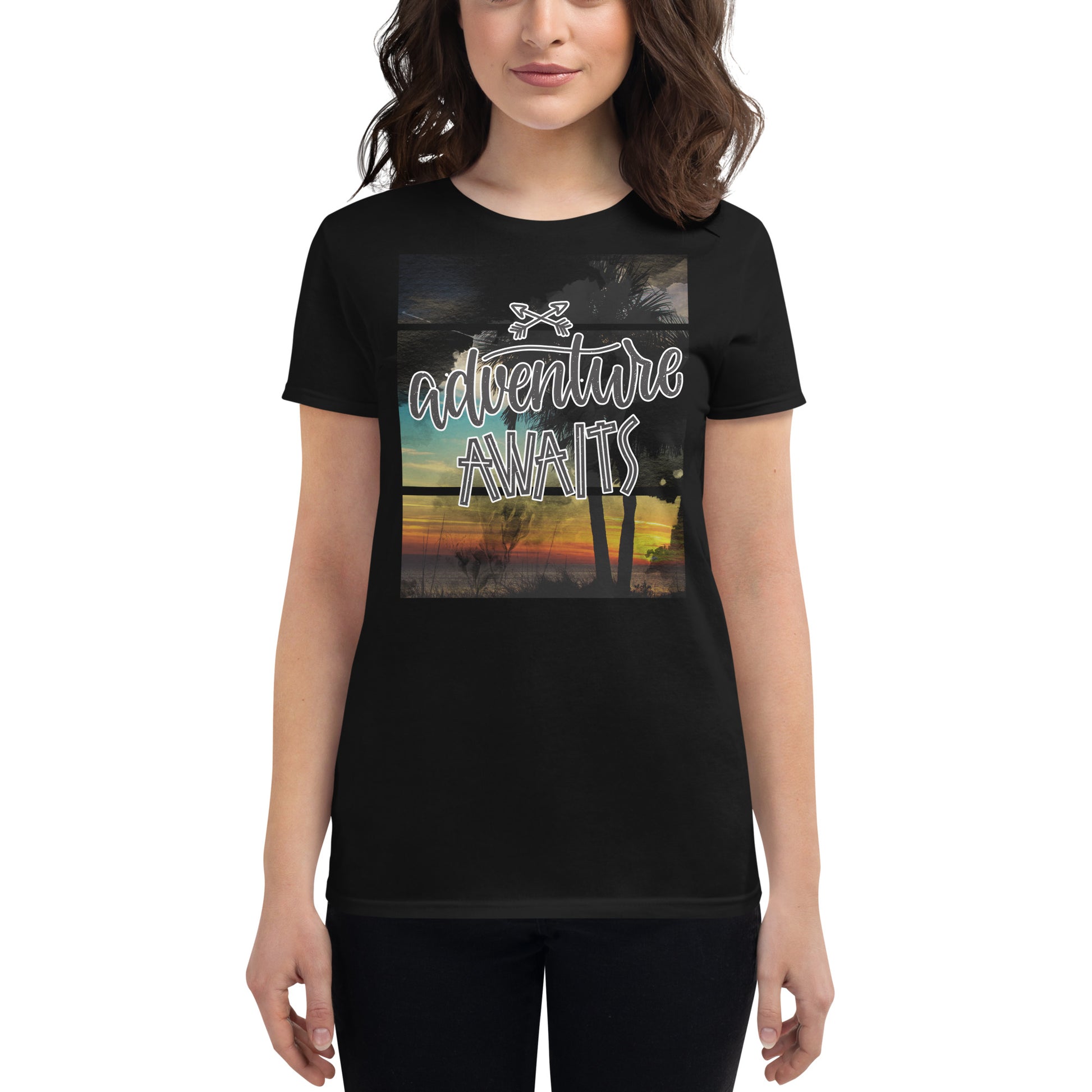 Adventure Awaits Sunset Women’s Motivational Black T-Shirt