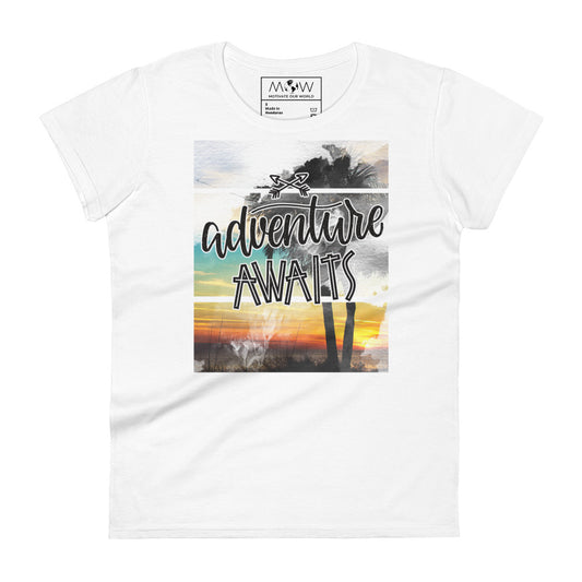 Adventure Awaits Sunset Women’s Motivational White T-Shirt
