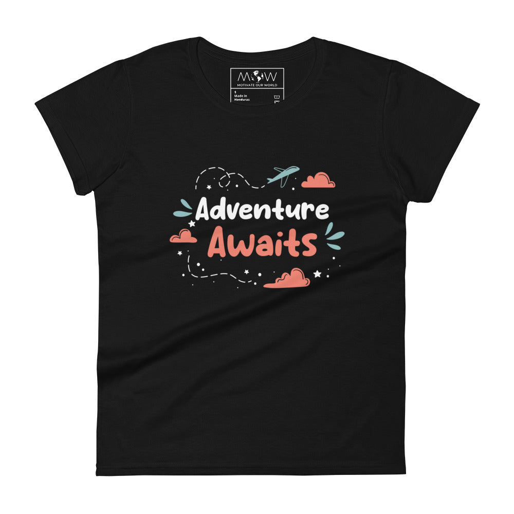 Adventure Awaits Travel-Inspired Women’s Motivational Black T-Shirt