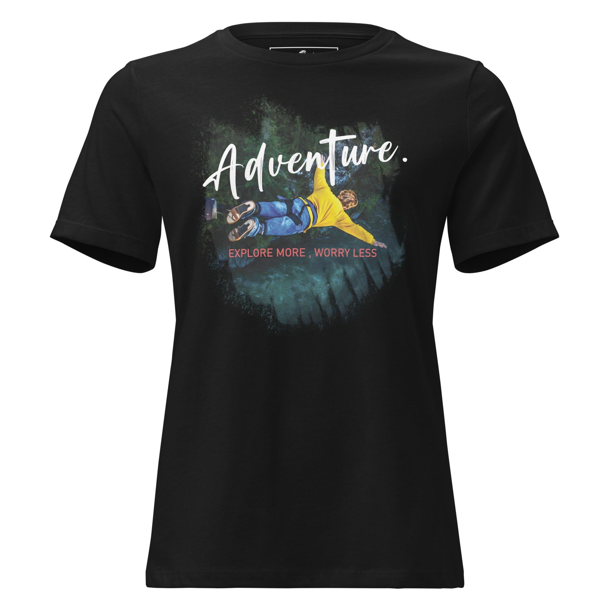 Adventure Explore More Worry Less (Bungee Jump) Black Motivational Women’s T-Shirt