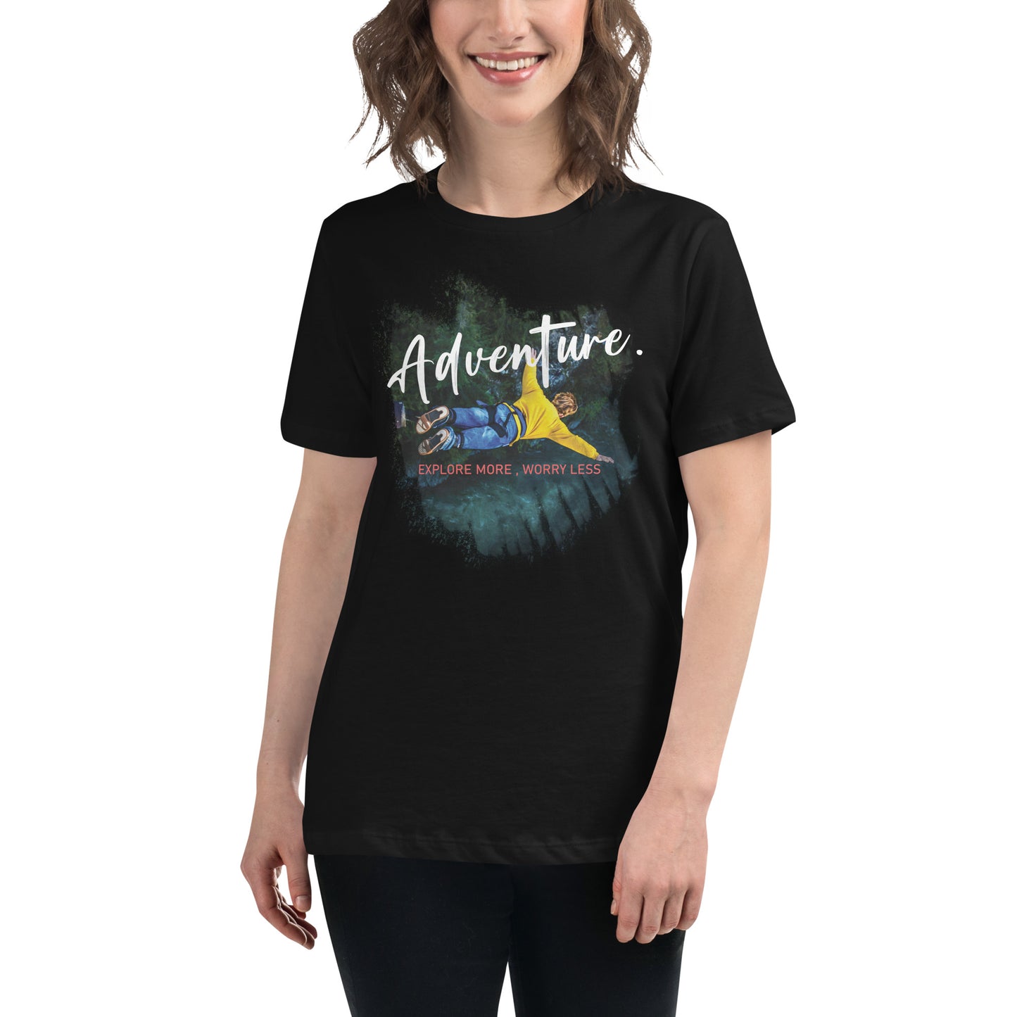 Adventure Explore More Worry Less (Bungee Jump) Black Motivational Women’s T-Shirt Lifestyle